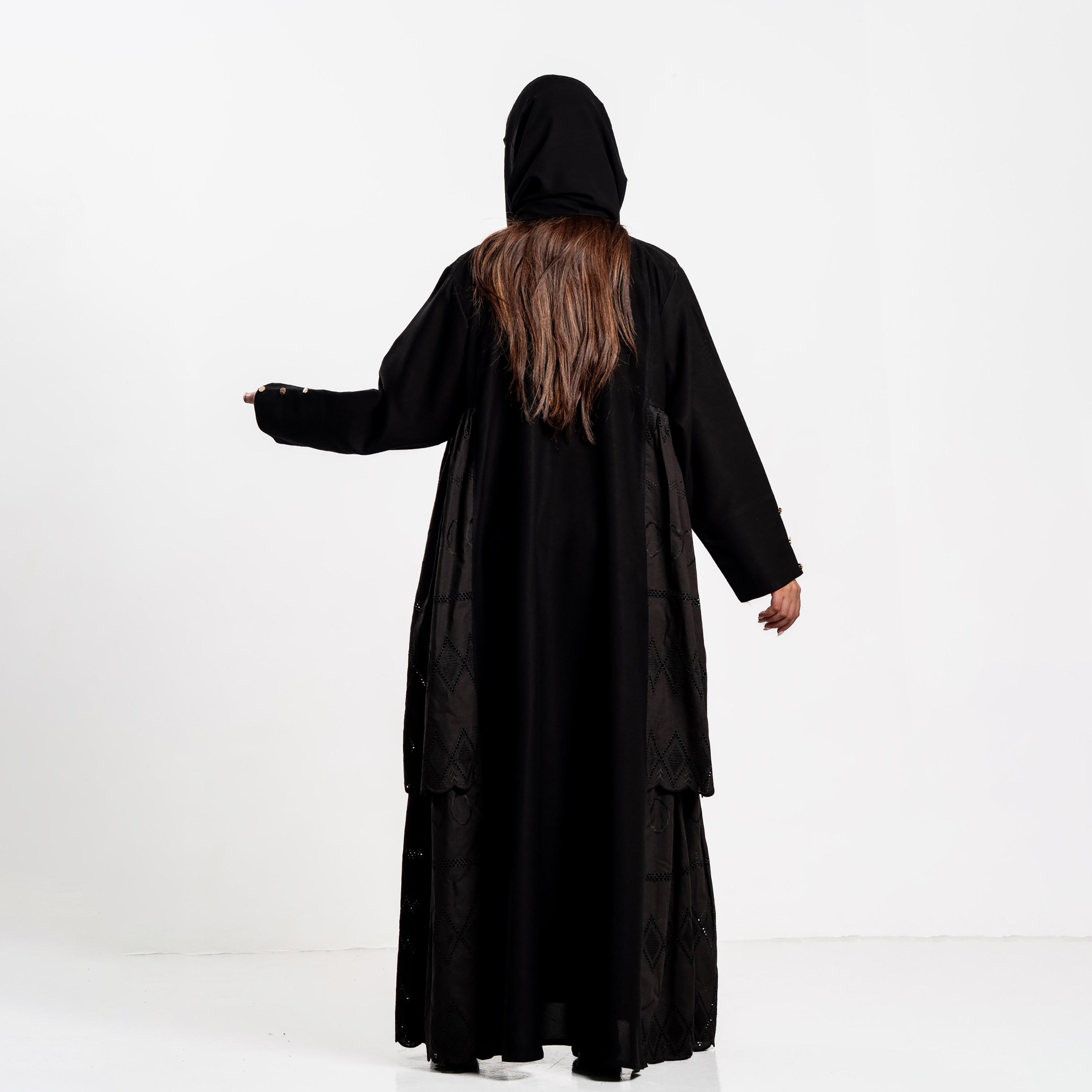 Zahiyh Black Embroidered Panel Lapel Collar Women's Abaya with Hijab-women-arabicclothing-abayas-image-4