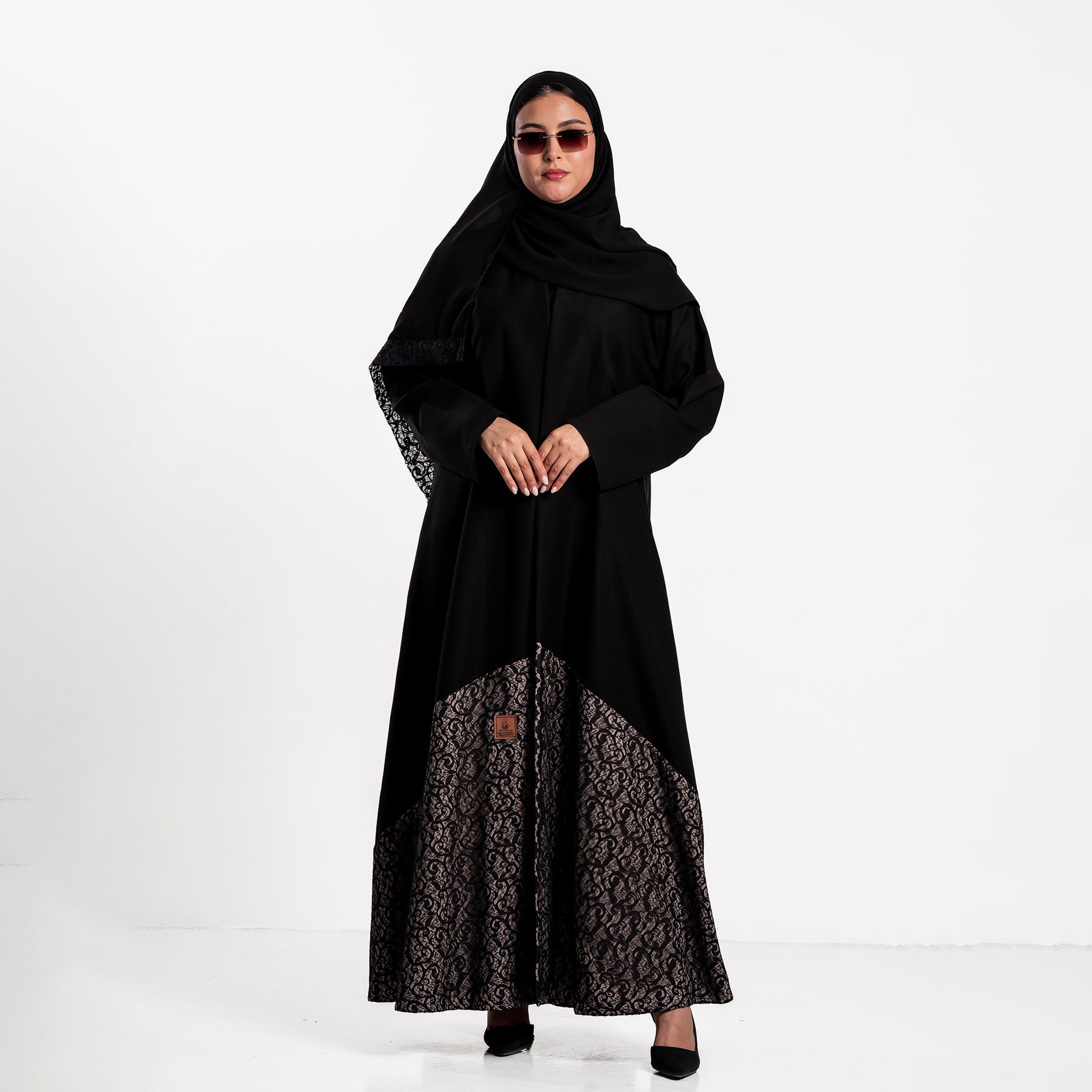 Zahiyh Black Lace Panelled Women's Evening Flared Abaya with Hijab-women-arabicclothing-abayas-image-1