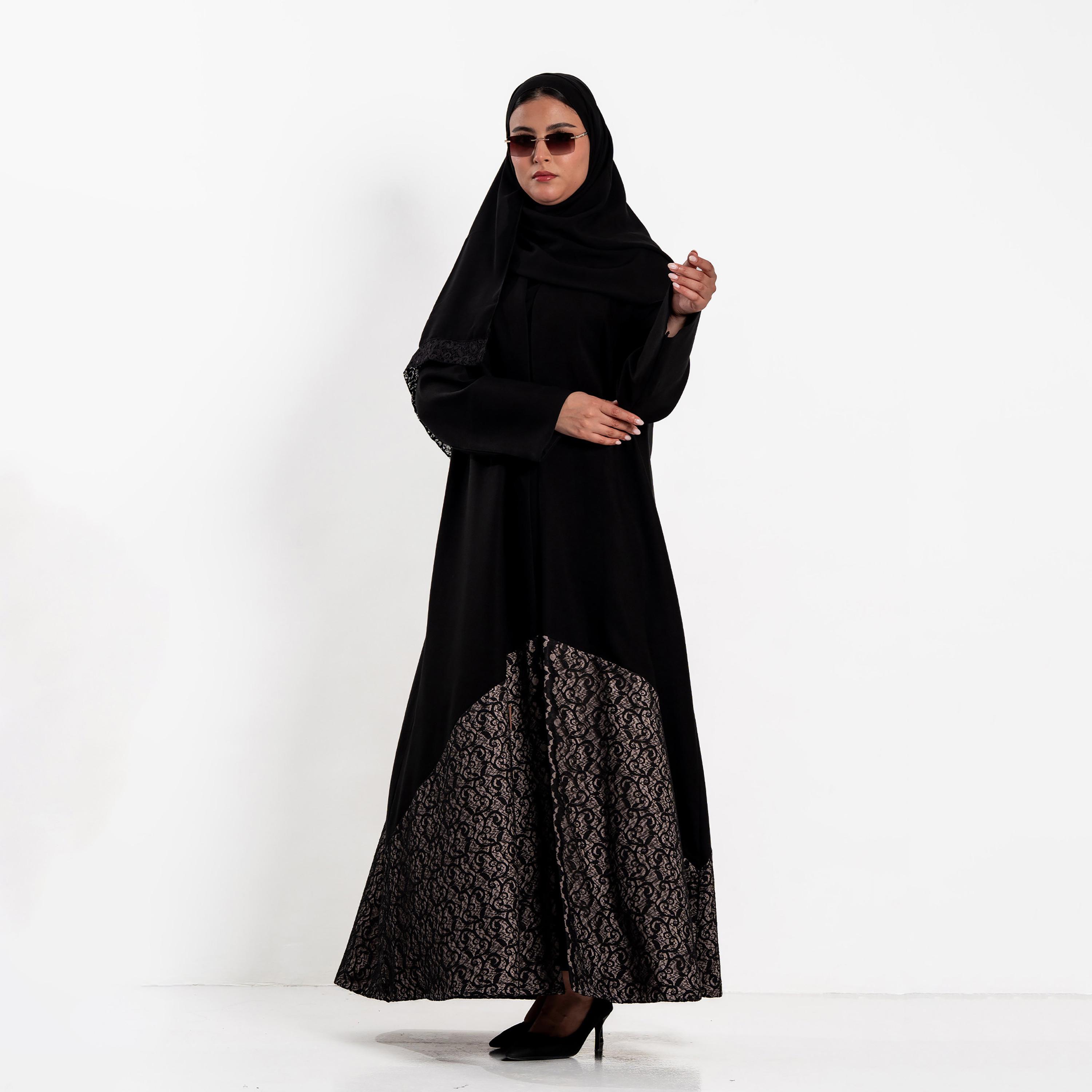 Zahiyh Black Lace Panelled Women's Evening Flared Abaya with Hijab-women-arabicclothing-abayas-image-2
