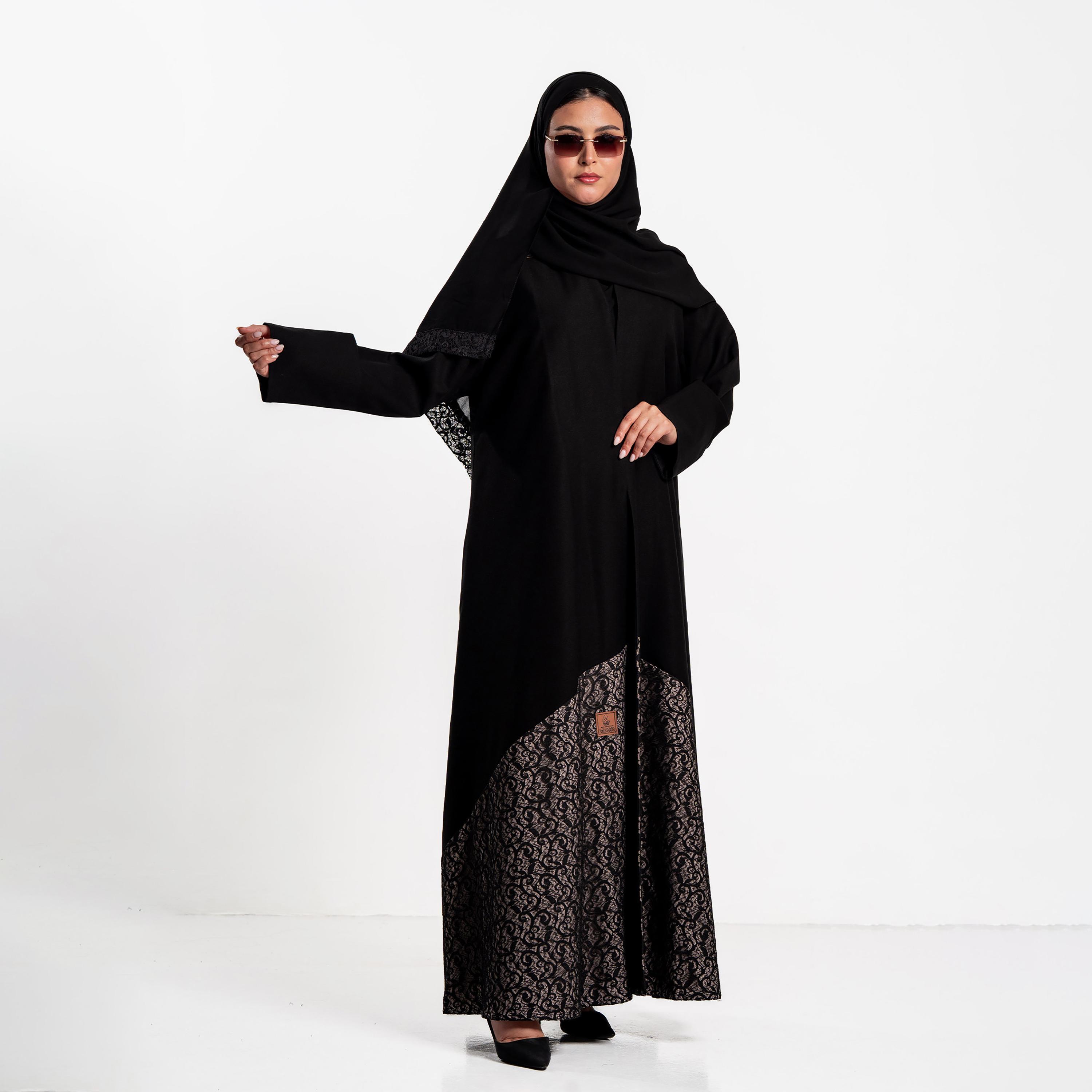 Zahiyh Black Lace Panelled Women's Evening Flared Abaya with Hijab-women-arabicclothing-abayas-image-3