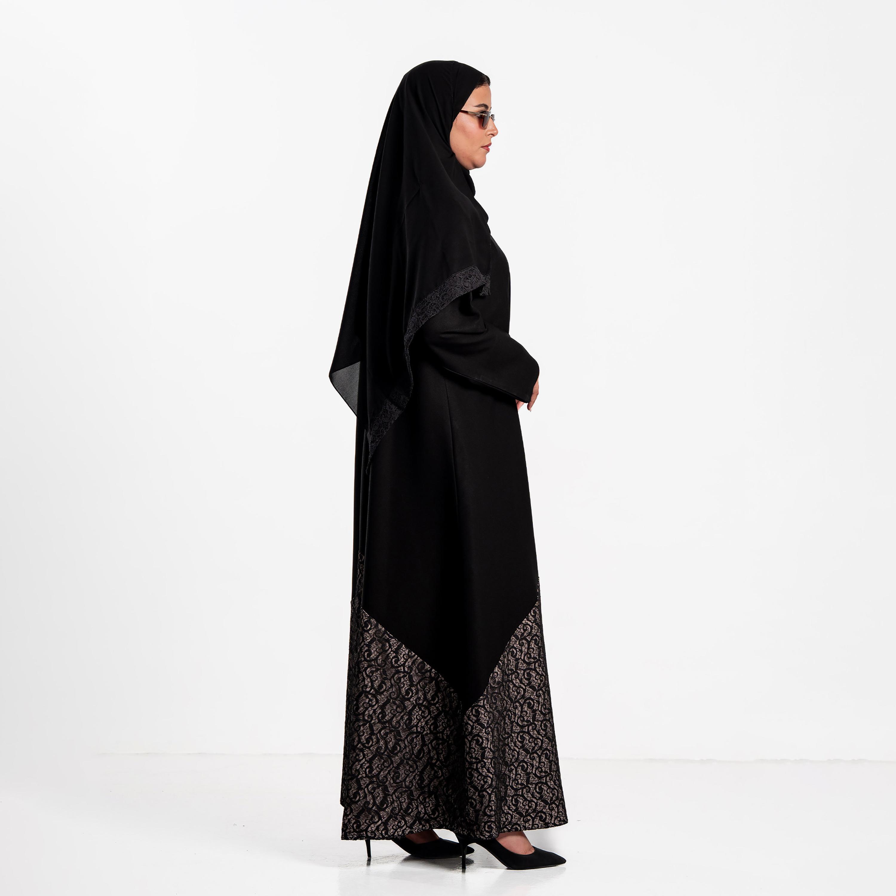 Zahiyh Black Lace Panelled Women's Evening Flared Abaya with Hijab-women-arabicclothing-abayas-image-4