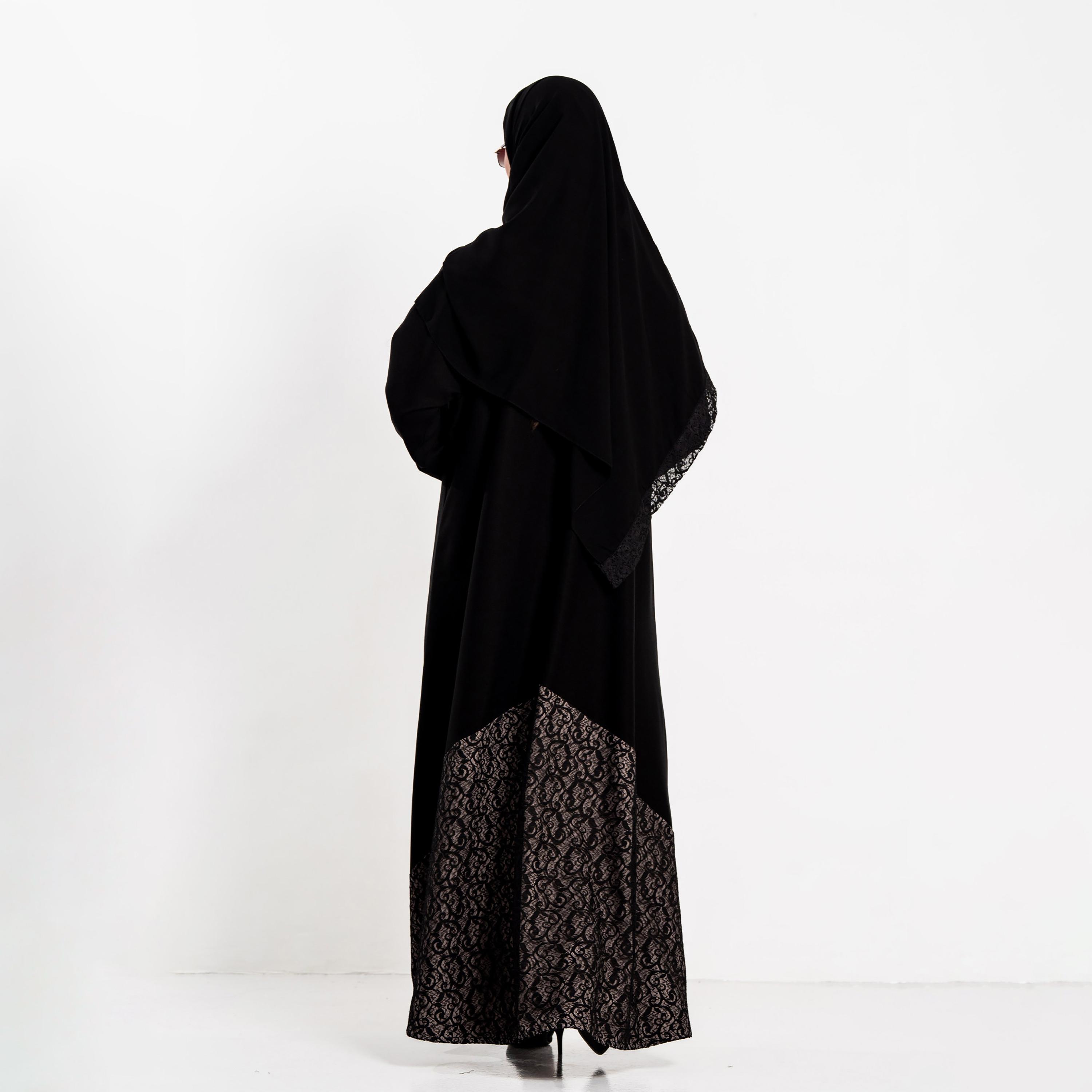 Zahiyh Black Lace Panelled Women's Evening Flared Abaya with Hijab-women-arabicclothing-abayas-image-5