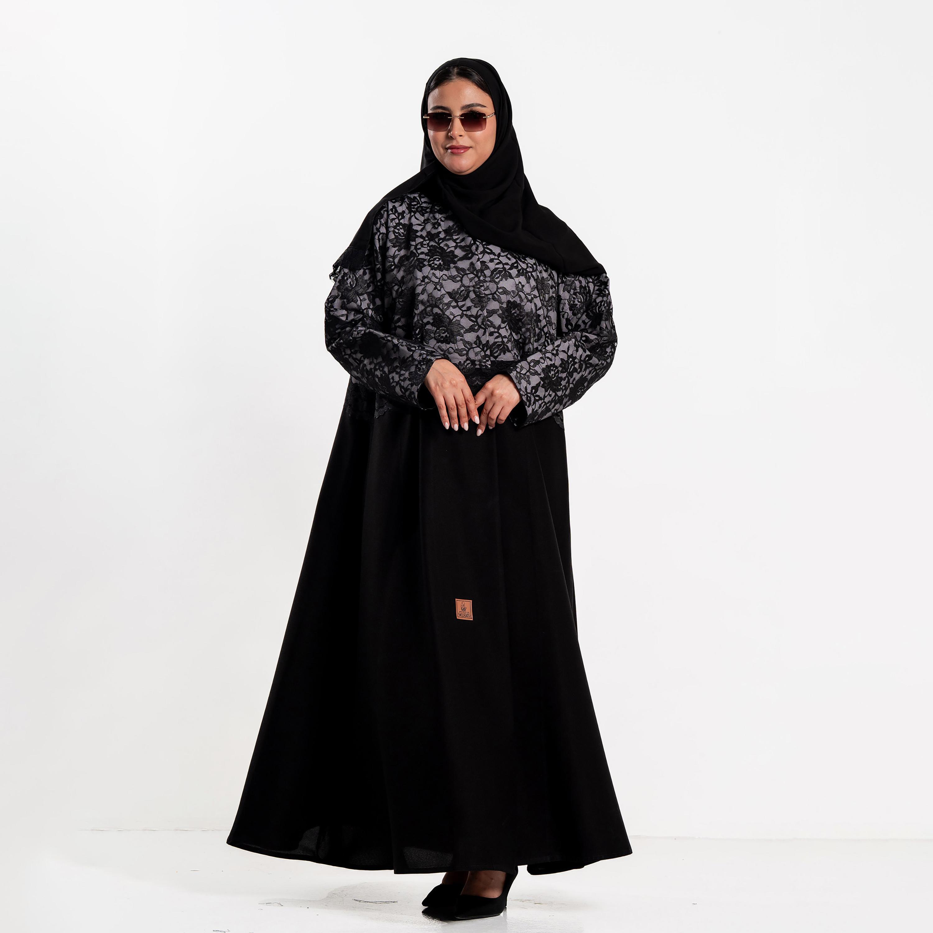Zahiyh Black Floral Lace Panelled Women's Evening Flared Abaya with Hijab-women-arabicclothing-abayas-image-1