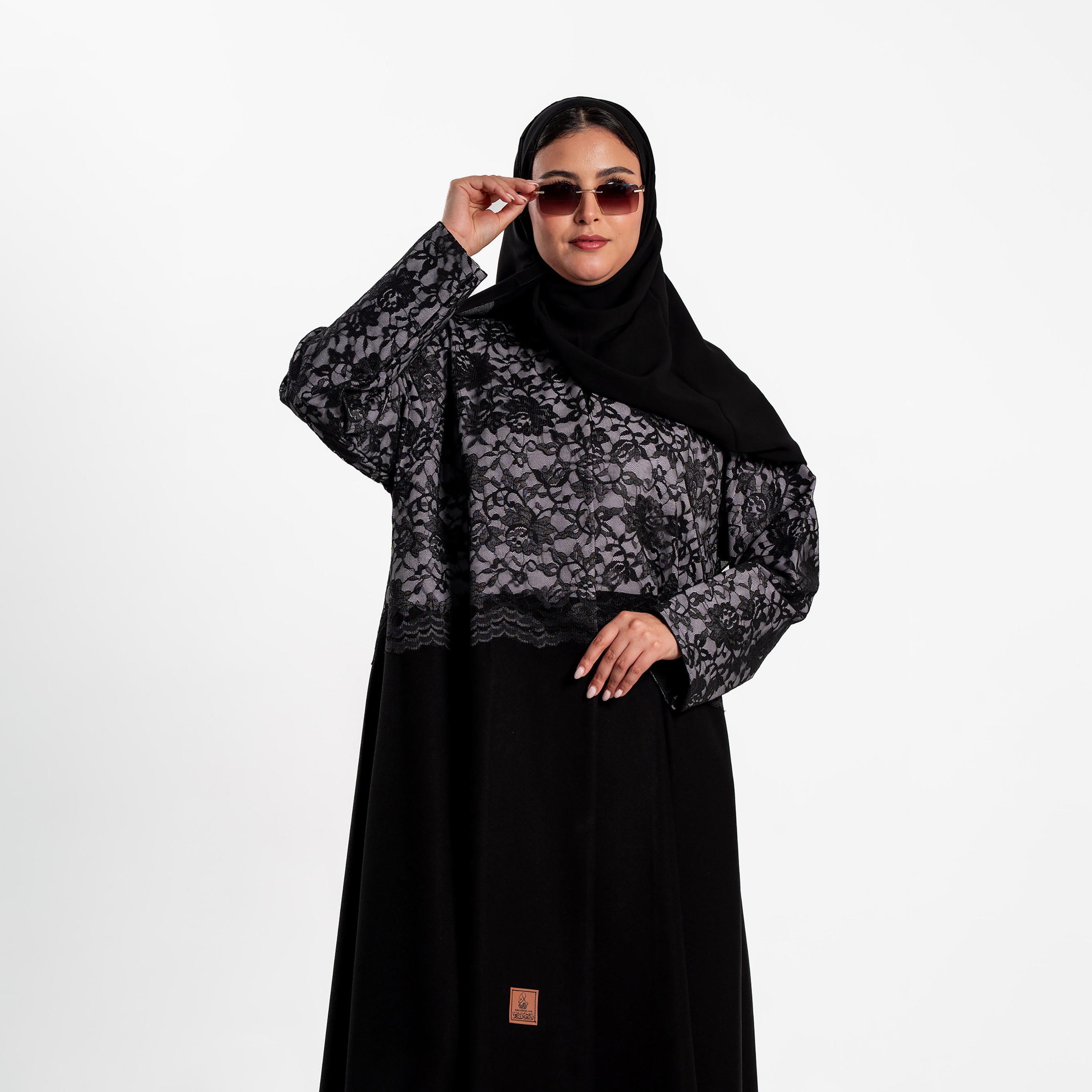 Zahiyh Black Floral Lace Panelled Women's Evening Flared Abaya with Hijab-women-arabicclothing-abayas-image-2