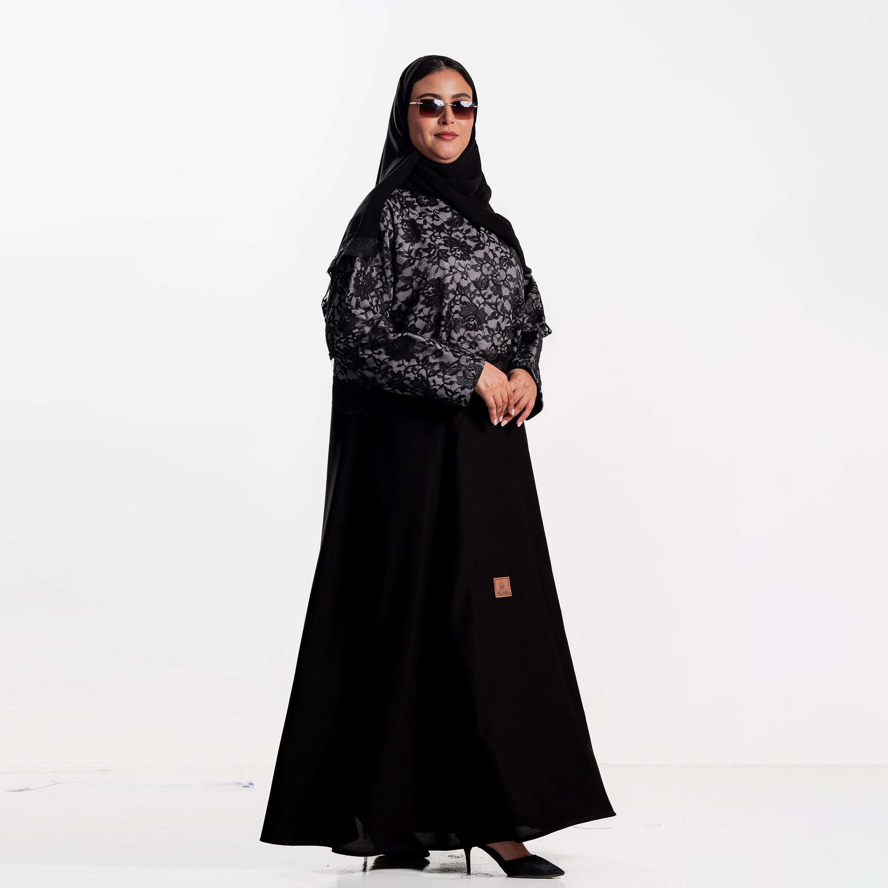 Zahiyh Black Floral Lace Panelled Women's Evening Flared Abaya with Hijab-women-arabicclothing-abayas-image-3