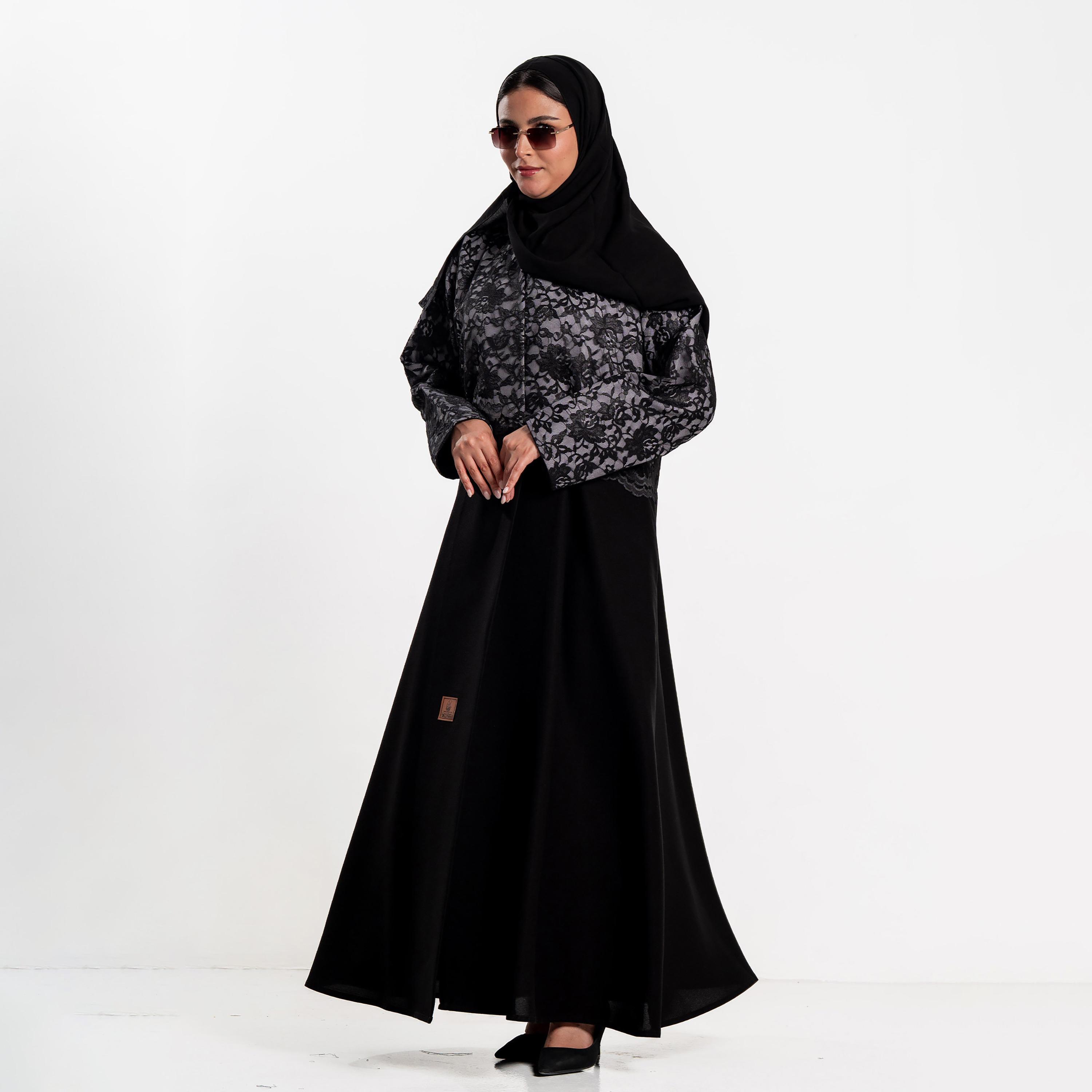 Zahiyh Black Floral Lace Panelled Women's Evening Flared Abaya with Hijab-women-arabicclothing-abayas-image-4