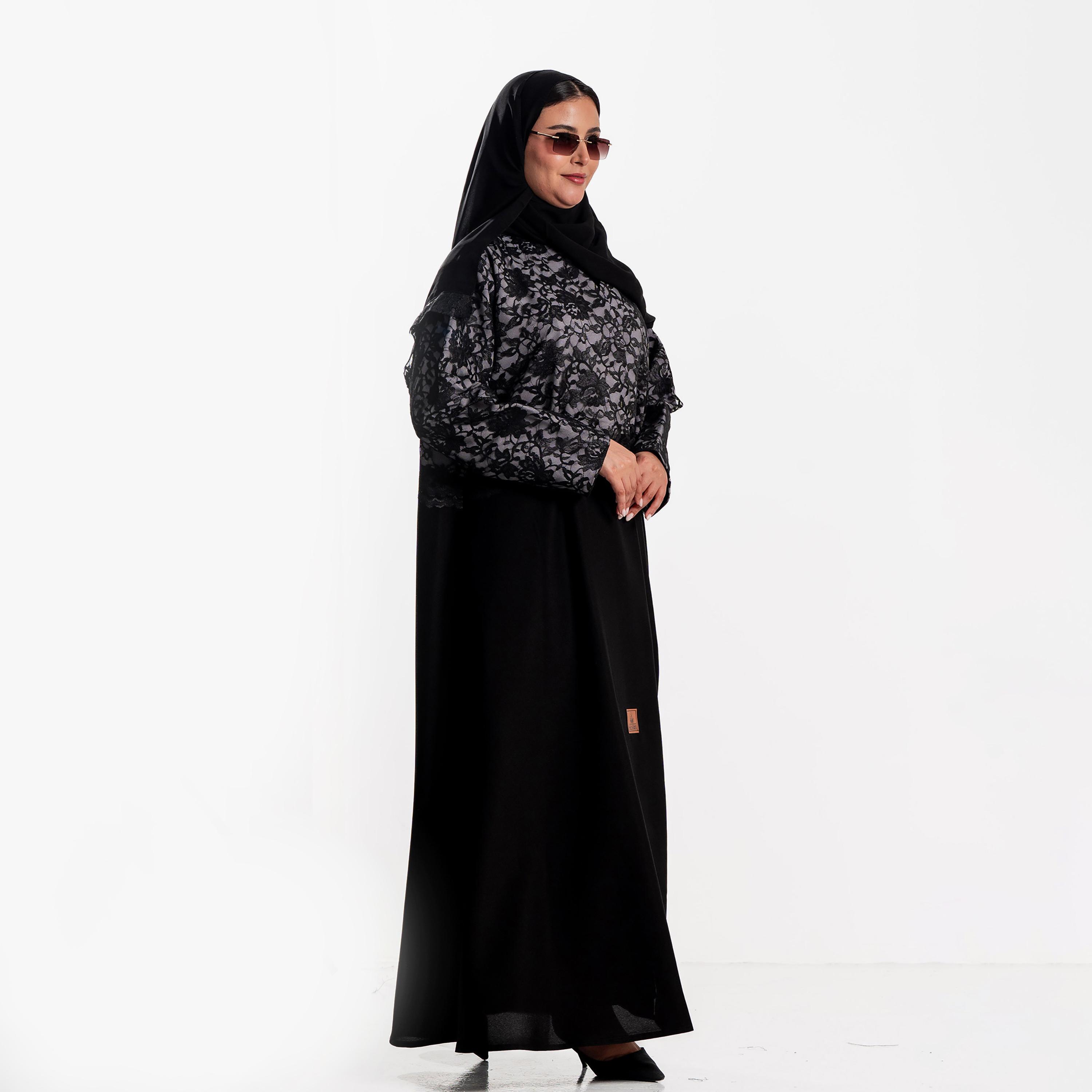 Zahiyh Black Floral Lace Panelled Women's Evening Flared Abaya with Hijab-women-arabicclothing-abayas-image-5