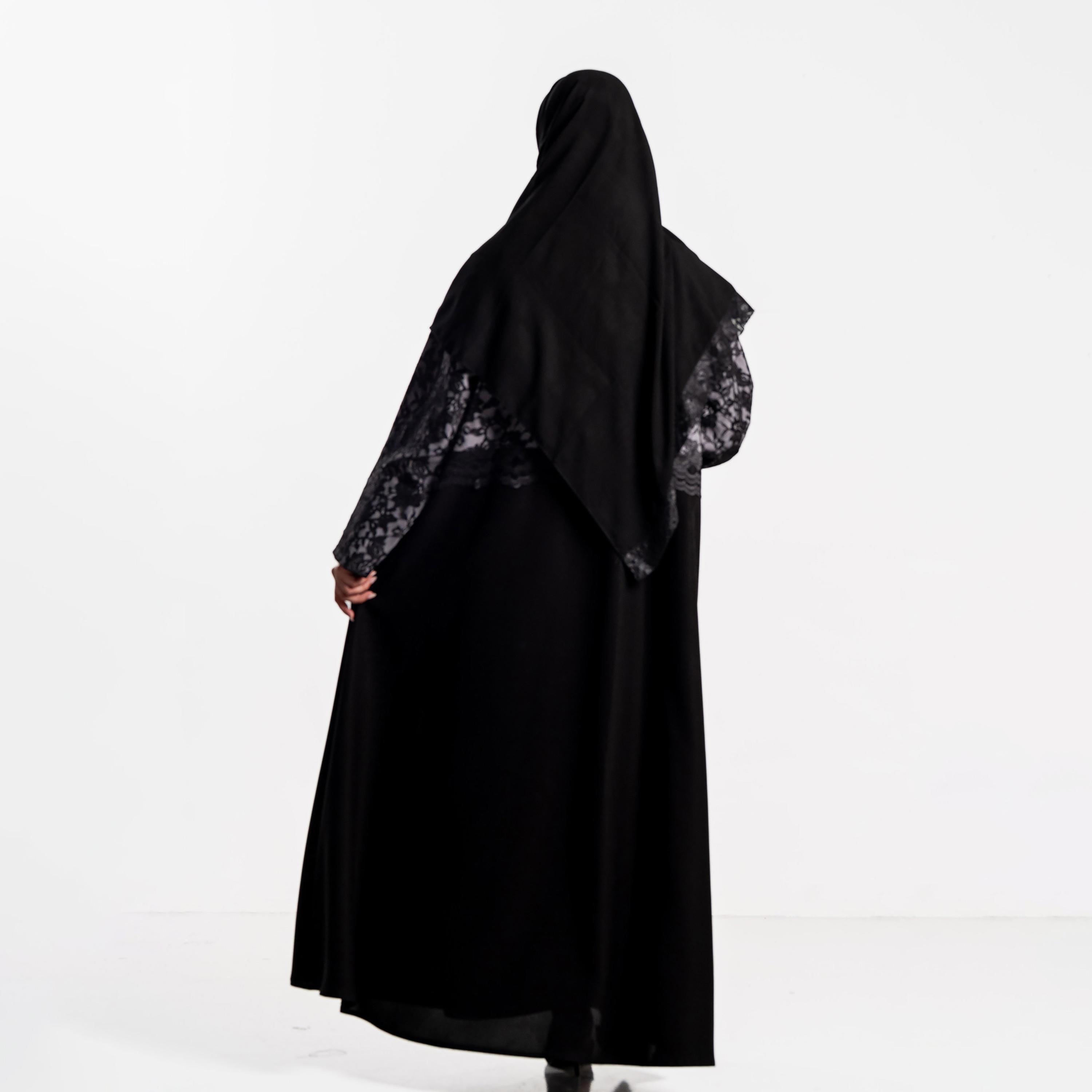 Zahiyh Black Floral Lace Panelled Women's Evening Flared Abaya with Hijab-women-arabicclothing-abayas-image-6