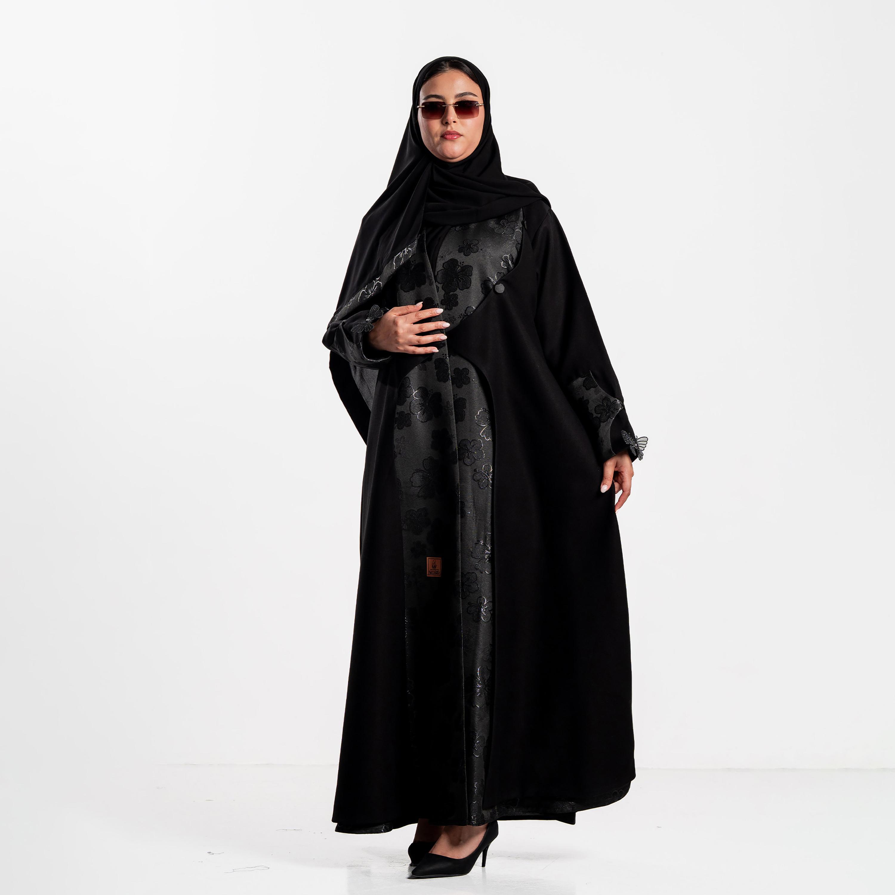 Zahiyh Black Jacquard Floral Women's Evening Abaya with Hijab-women-arabicclothing-abayas-image-1