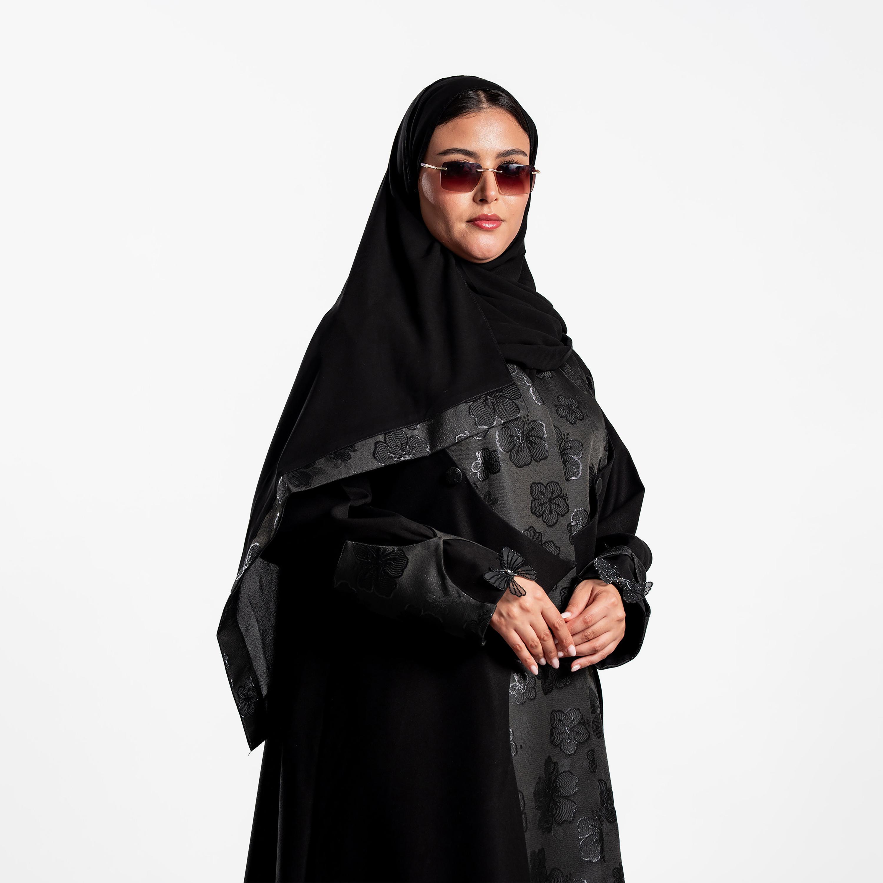Zahiyh Black Jacquard Floral Women's Evening Abaya with Hijab-women-arabicclothing-abayas-image-2