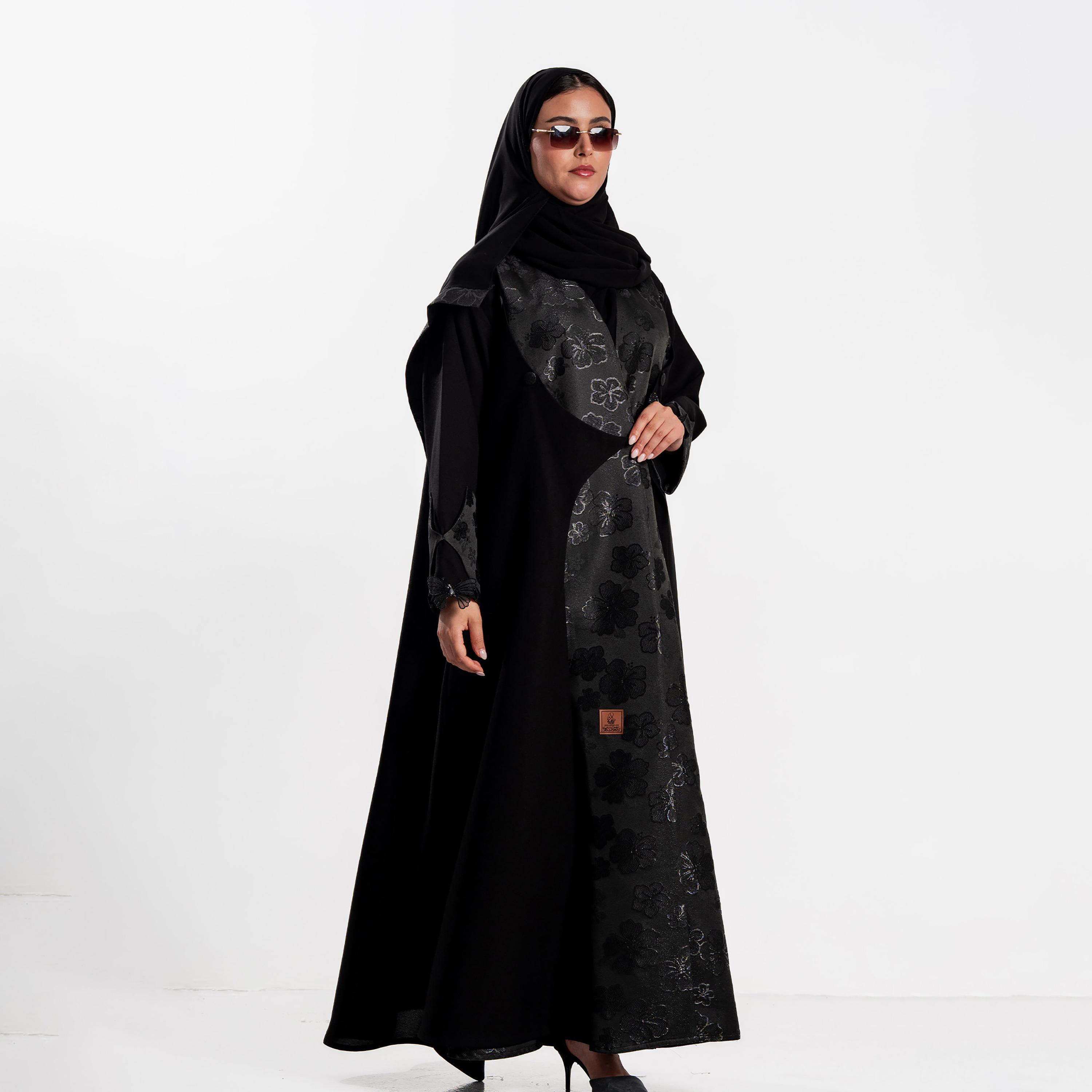 Zahiyh Black Jacquard Floral Women's Evening Abaya with Hijab-women-arabicclothing-abayas-image-3