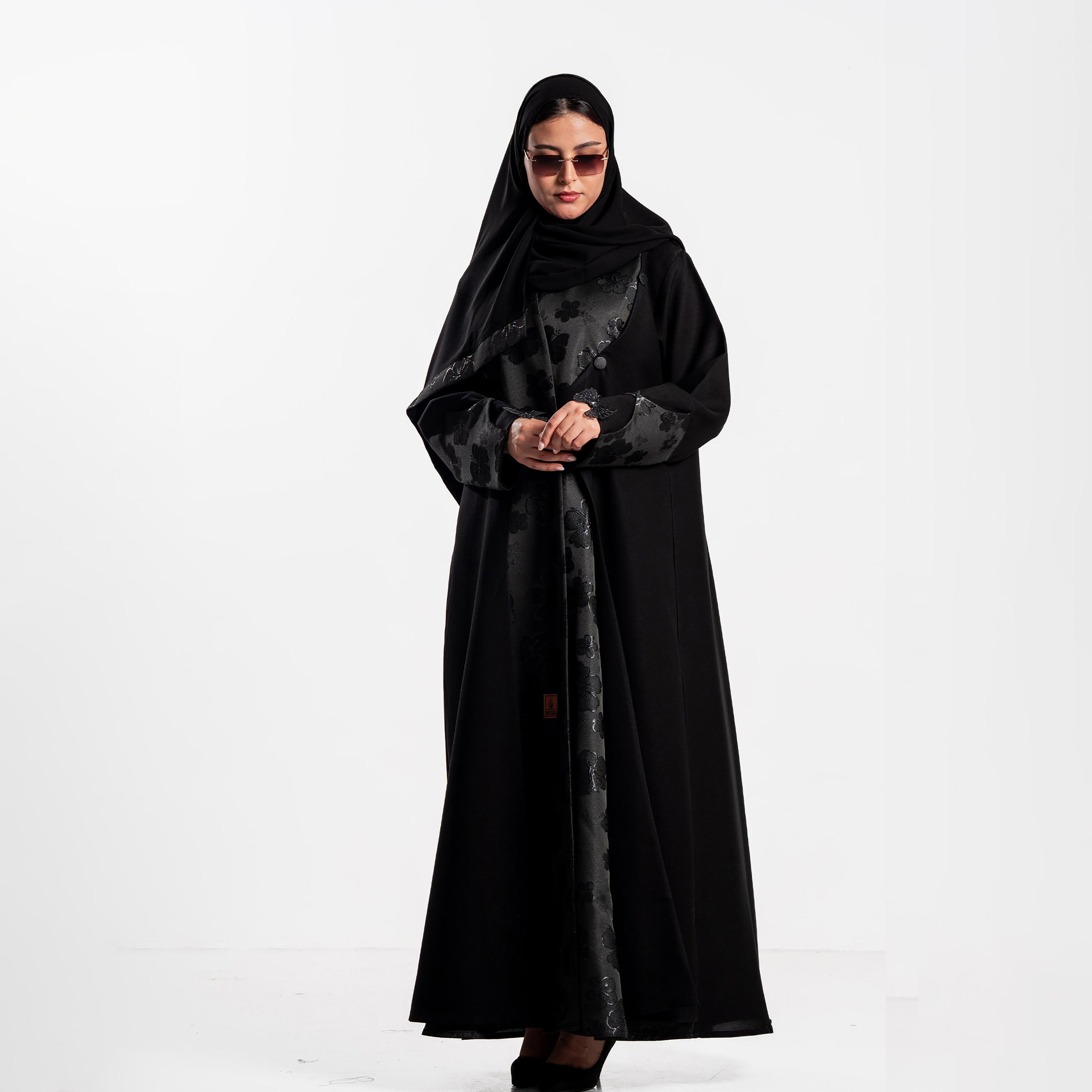 Zahiyh Black Jacquard Floral Women's Evening Abaya with Hijab-women-arabicclothing-abayas-image-4