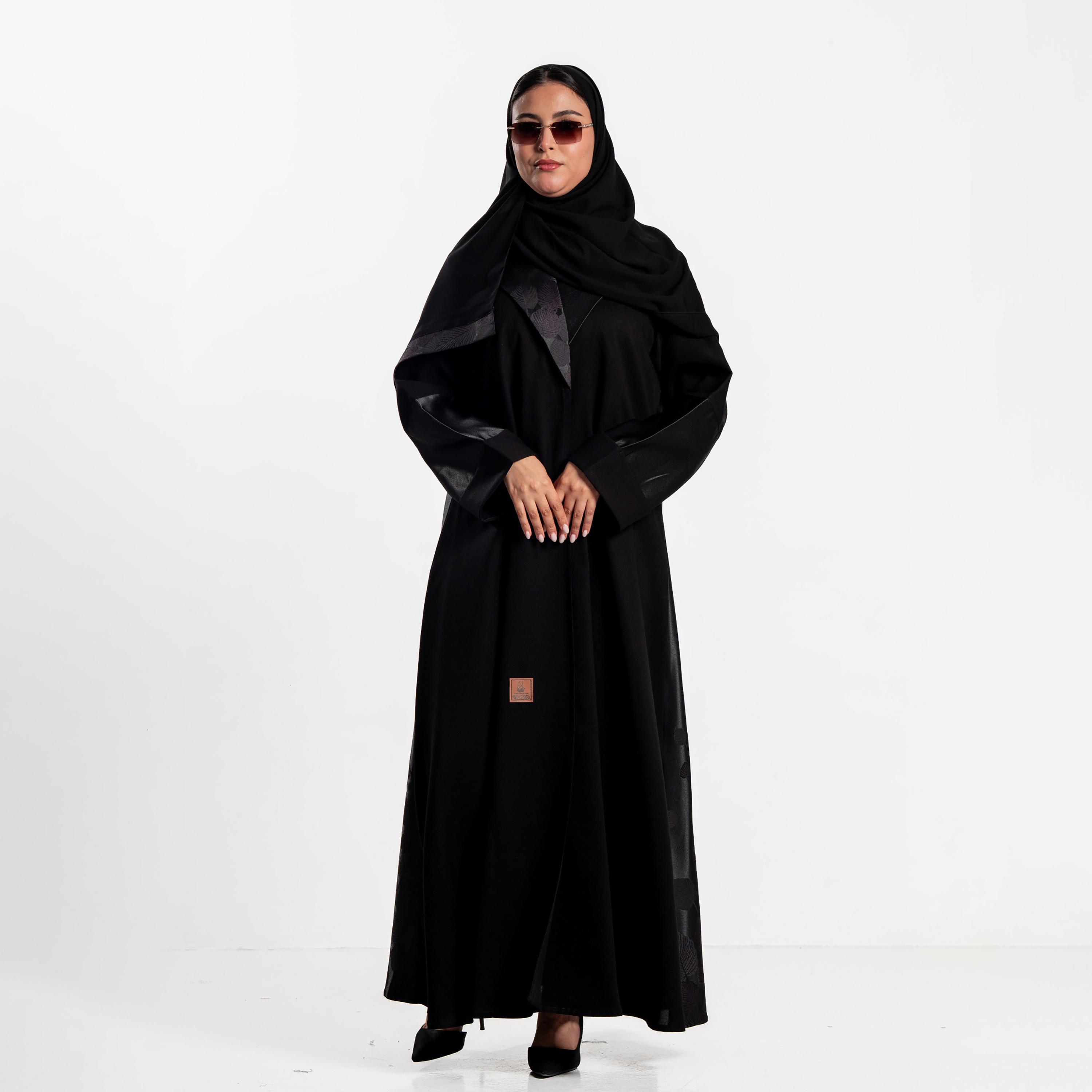 Zahiyh Black Jacquard Leaf Women's Flared Abaya with Hijab-women-arabicclothing-abayas-image-1