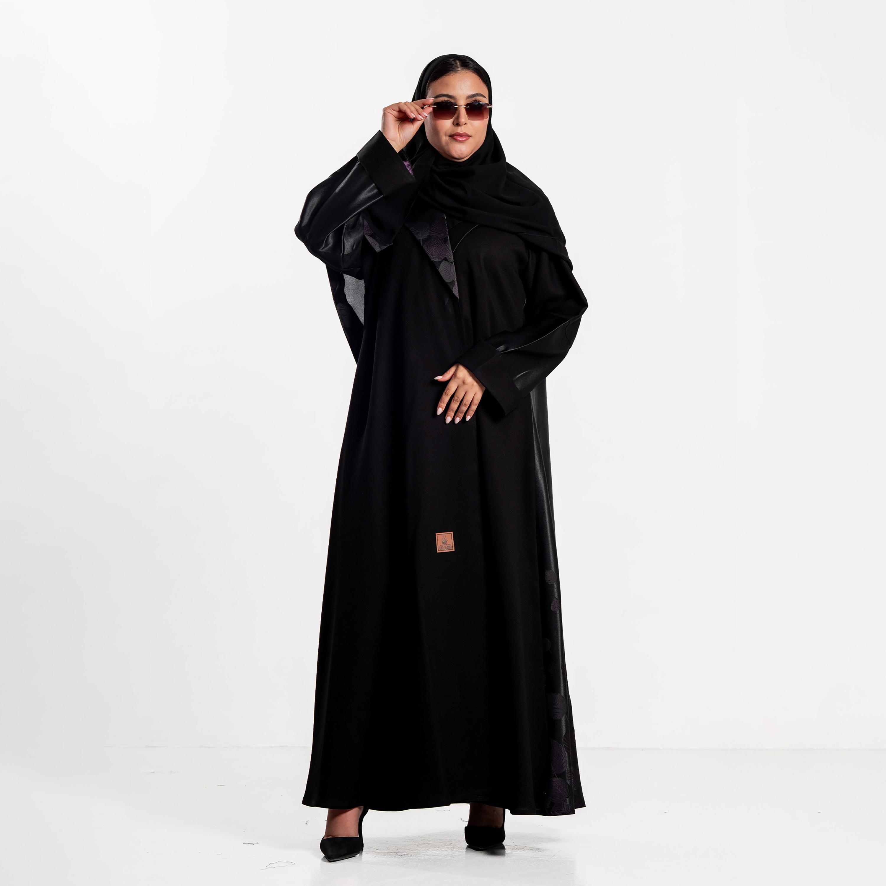 Zahiyh Black Jacquard Leaf Women's Flared Abaya with Hijab-women-arabicclothing-abayas-image-2