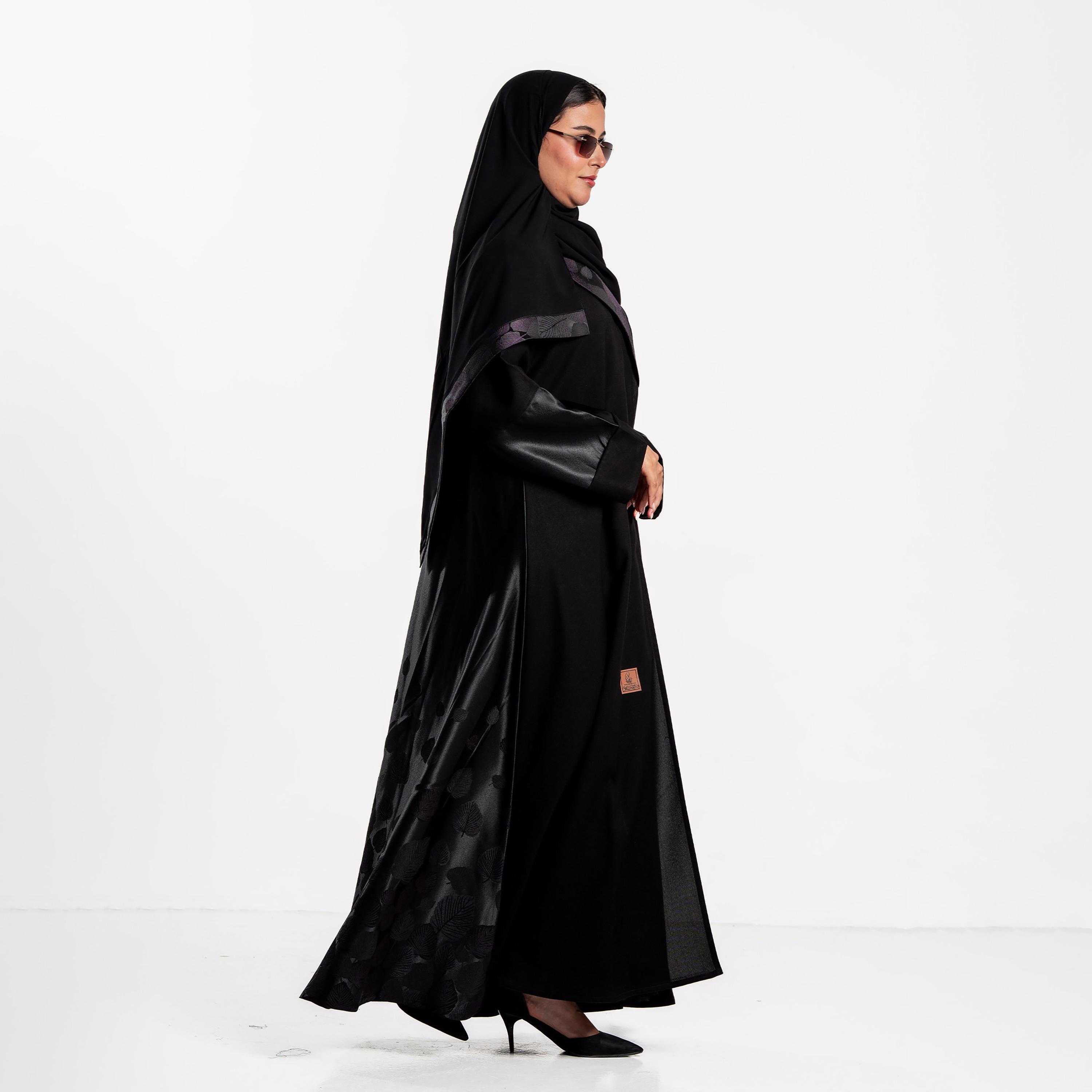 Zahiyh Black Jacquard Leaf Women's Flared Abaya with Hijab-women-arabicclothing-abayas-image-3