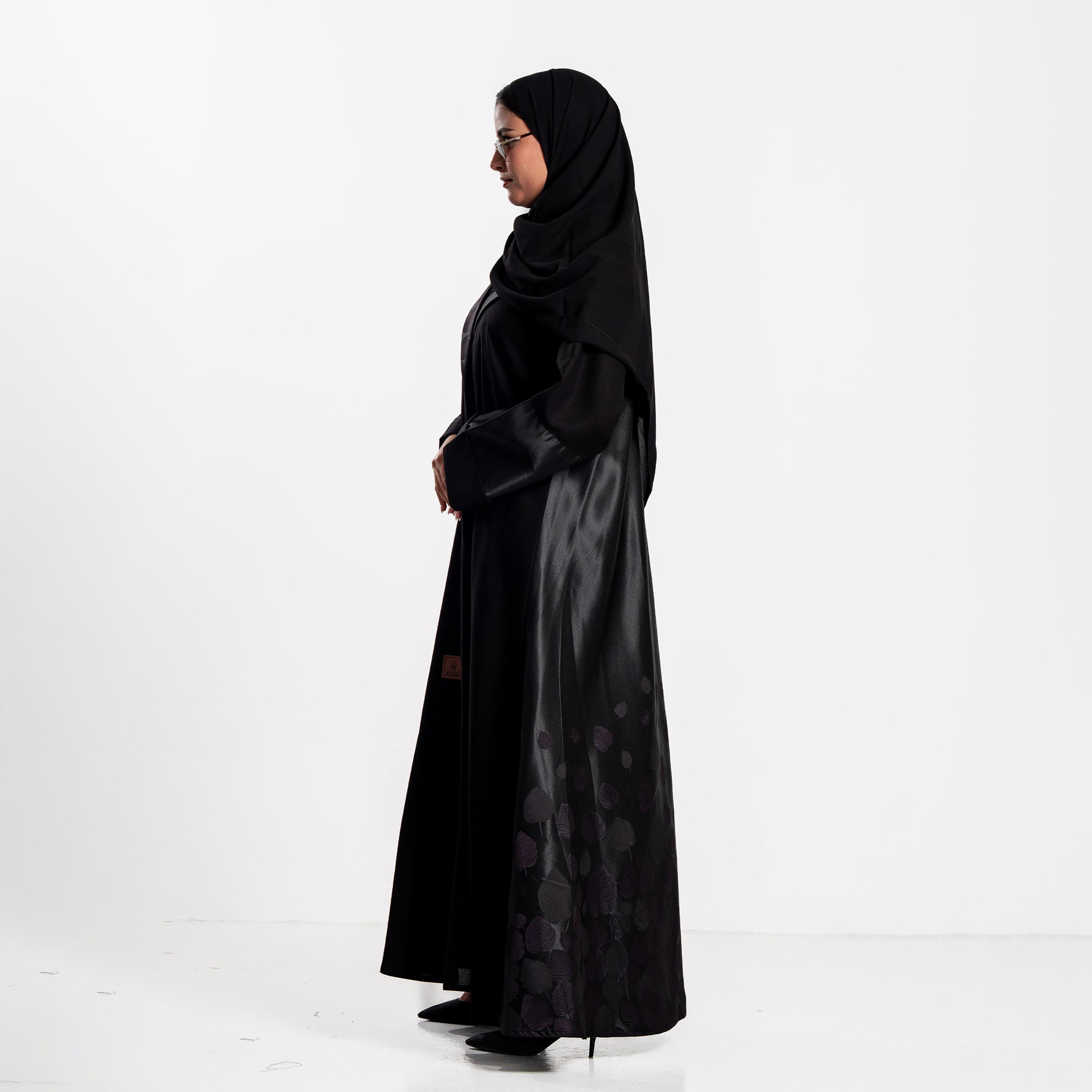 Zahiyh Black Jacquard Leaf Women's Flared Abaya with Hijab-women-arabicclothing-abayas-image-4