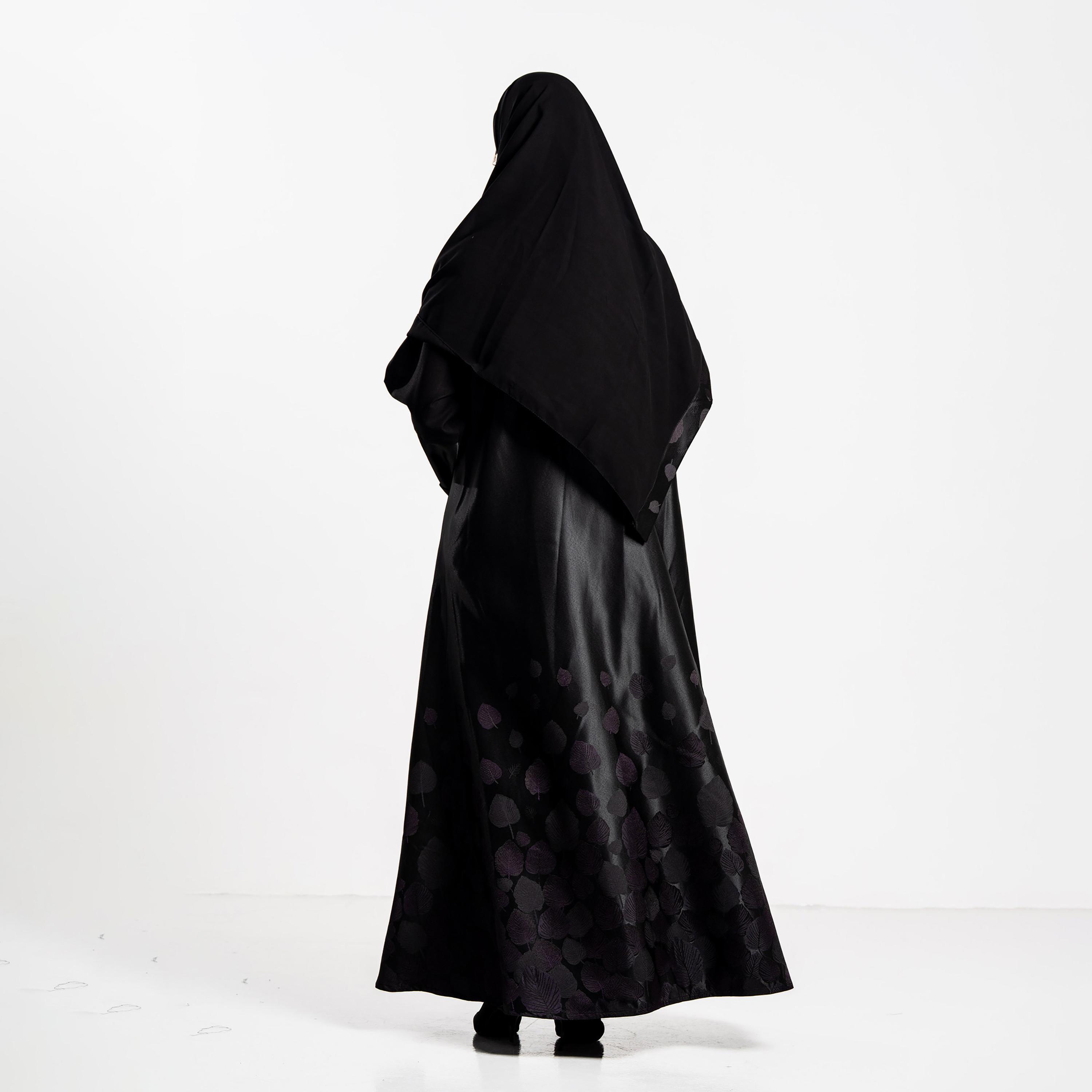 Zahiyh Black Jacquard Leaf Women's Flared Abaya with Hijab-women-arabicclothing-abayas-image-5