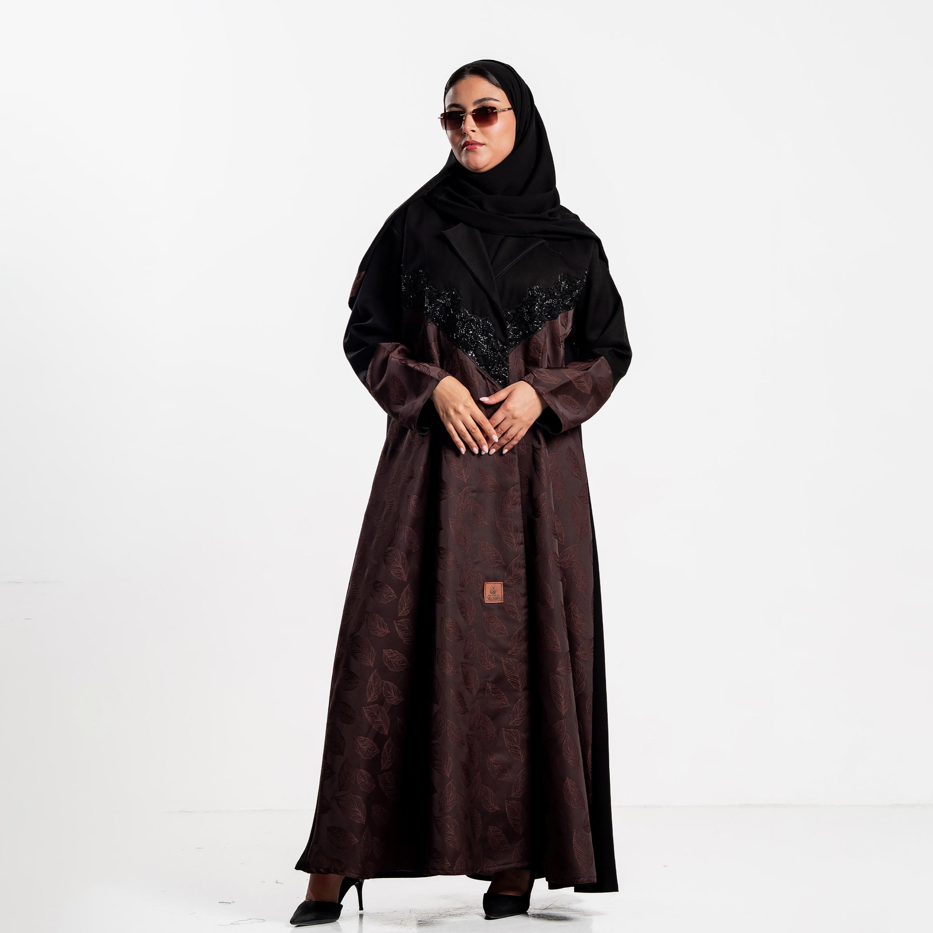 Zahiyh Dual Panel Jacquard Leaf Women's Flared Abaya with Hijab-women-arabicclothing-abayas-image-1