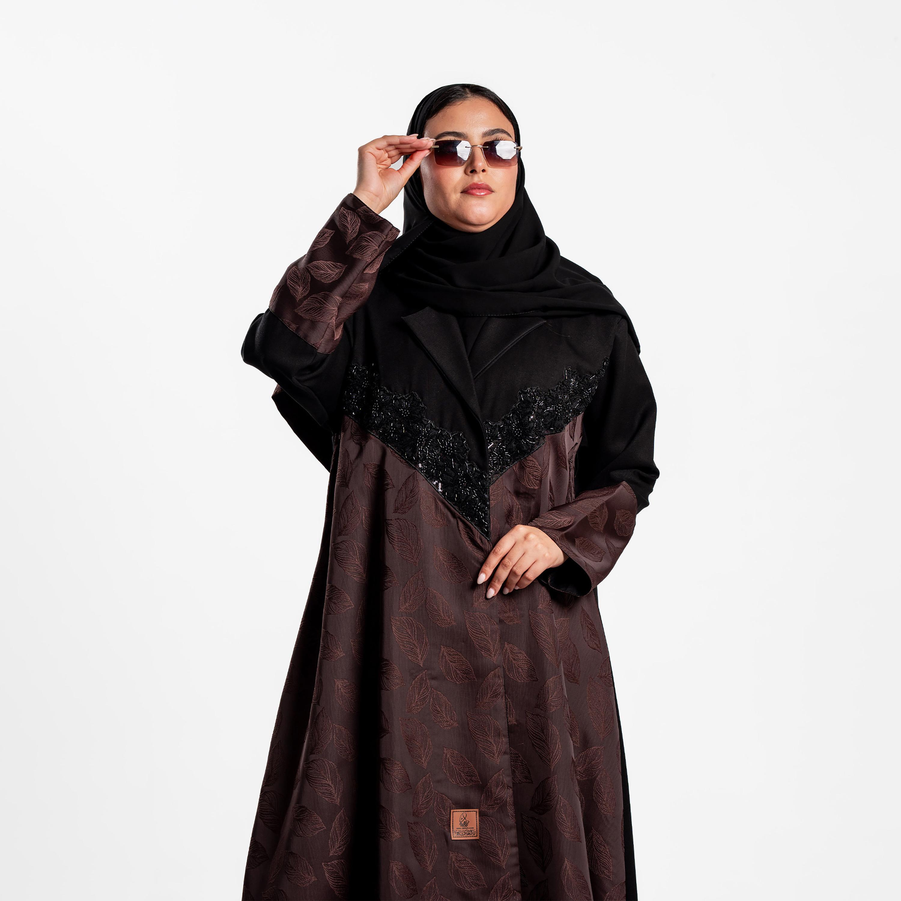 Zahiyh Dual Panel Jacquard Leaf Women's Flared Abaya with Hijab-women-arabicclothing-abayas-image-2