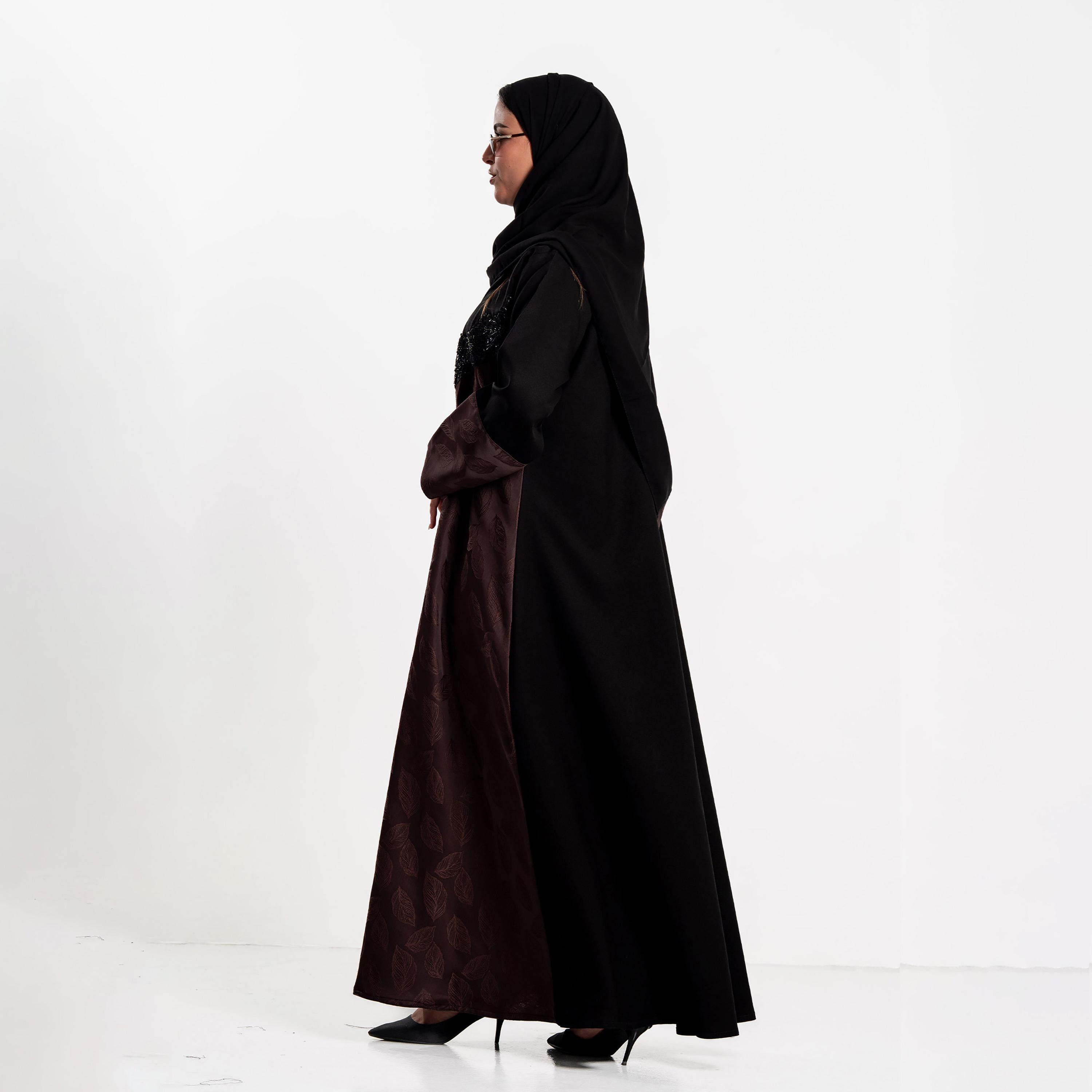 Zahiyh Dual Panel Jacquard Leaf Women's Flared Abaya with Hijab-women-arabicclothing-abayas-image-3
