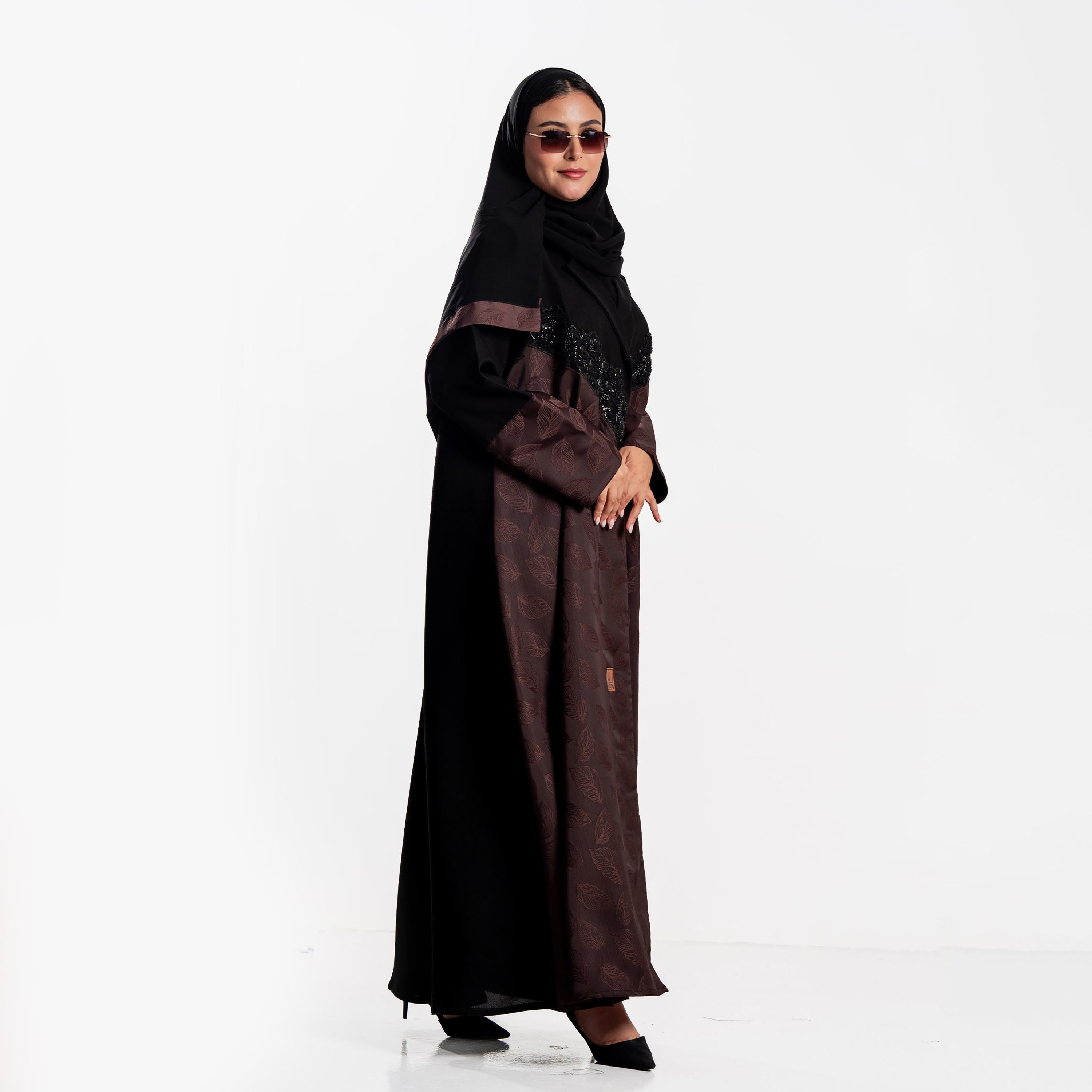 Zahiyh Dual Panel Jacquard Leaf Women's Flared Abaya with Hijab-women-arabicclothing-abayas-image-4
