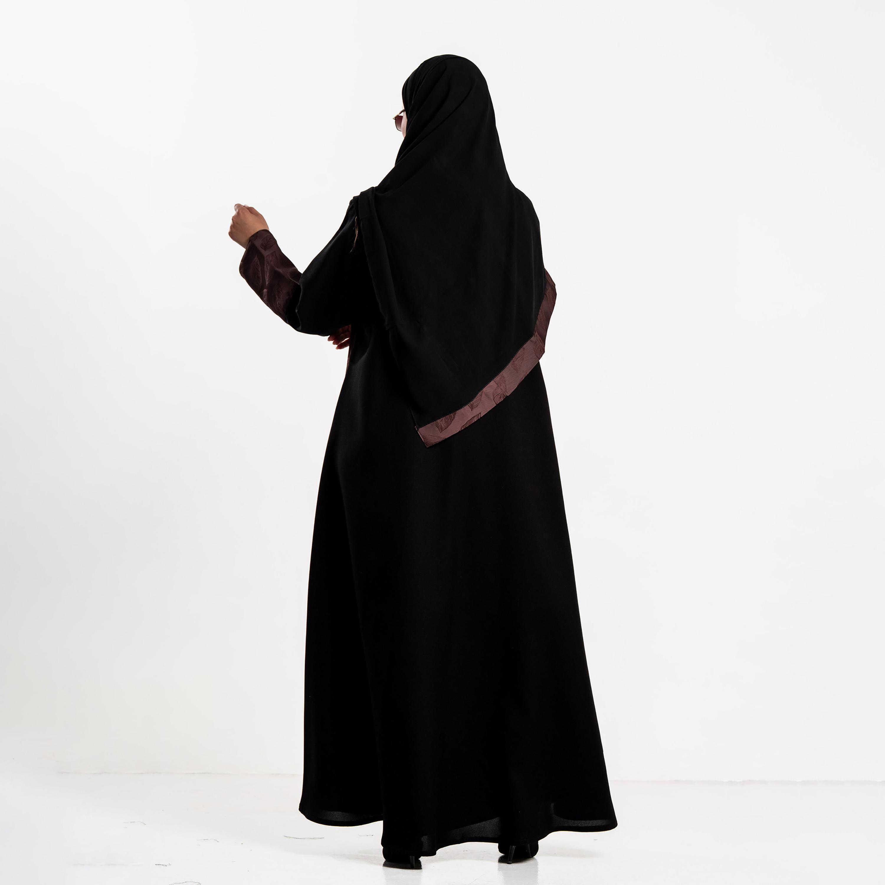 Zahiyh Dual Panel Jacquard Leaf Women's Flared Abaya with Hijab-women-arabicclothing-abayas-image-5