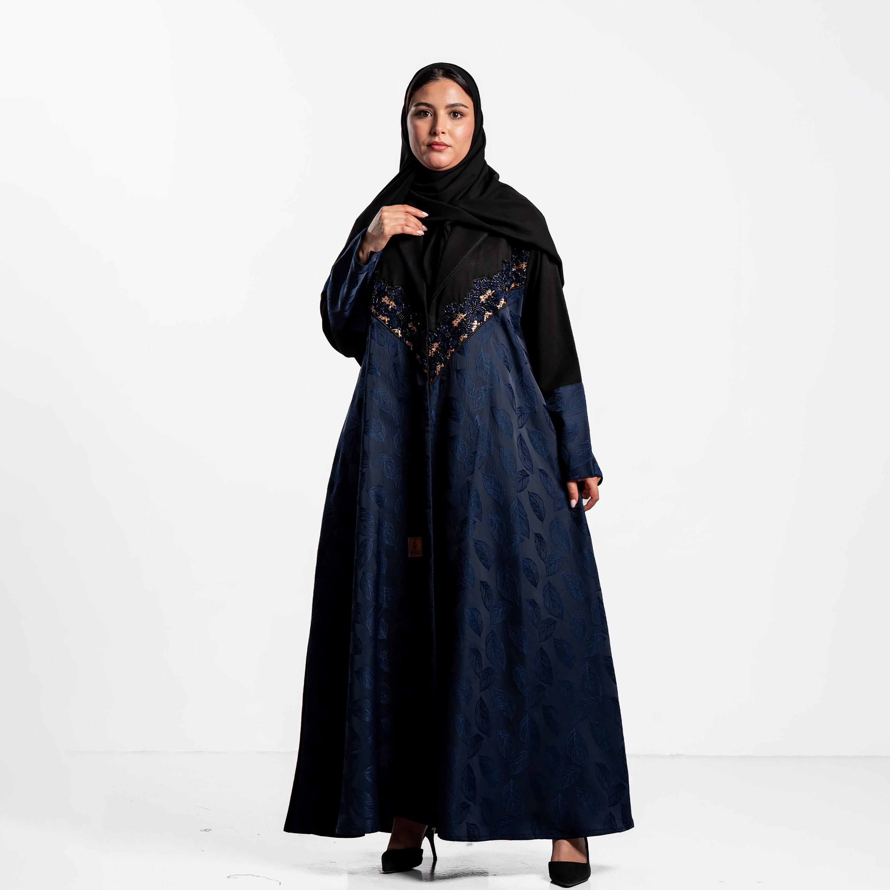Zahiyh Dual Panel Jacquard Leaf Women's Flared Abaya with Hijab-women-arabicclothing-abayas-image-1