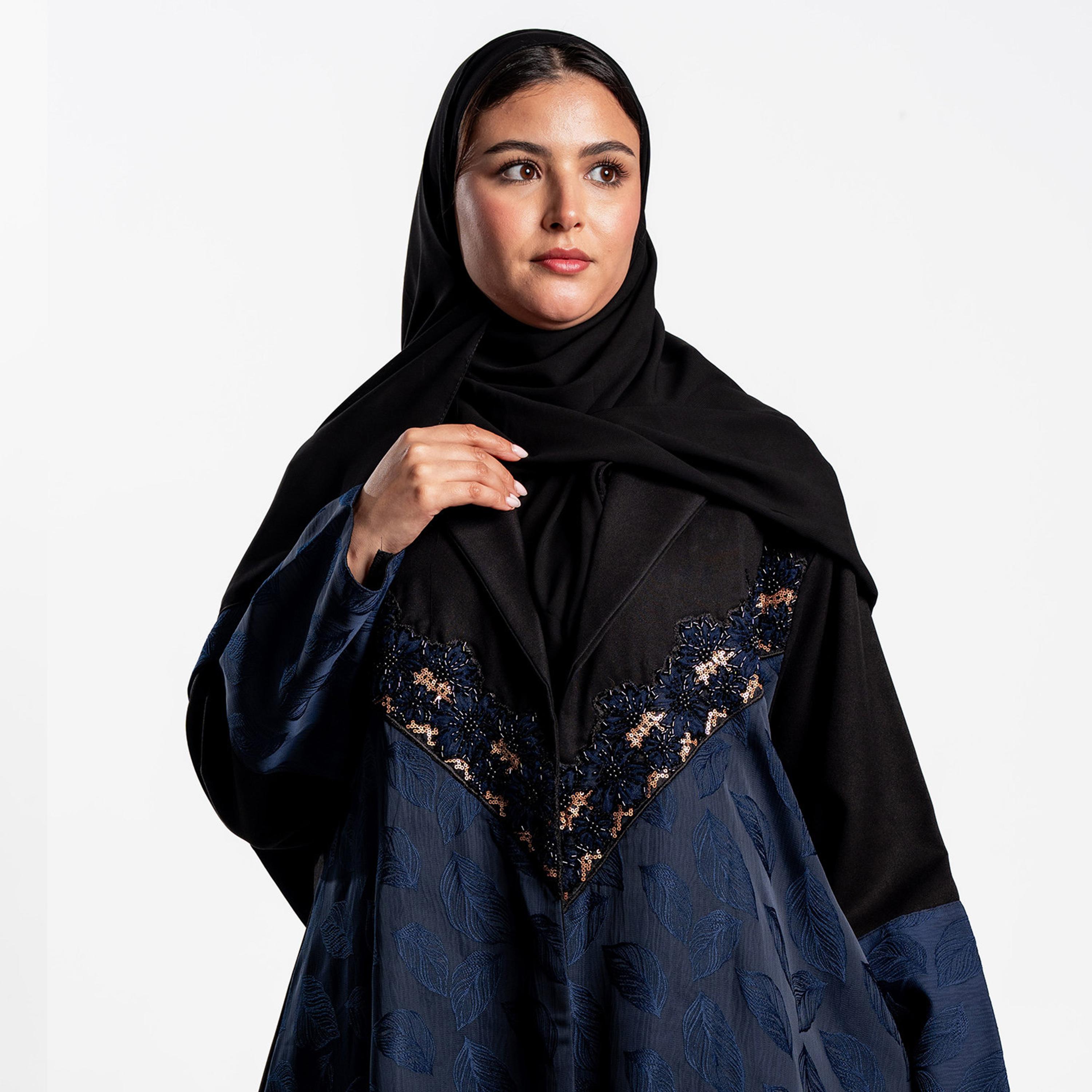 Zahiyh Dual Panel Jacquard Leaf Women's Flared Abaya with Hijab-women-arabicclothing-abayas-image-2