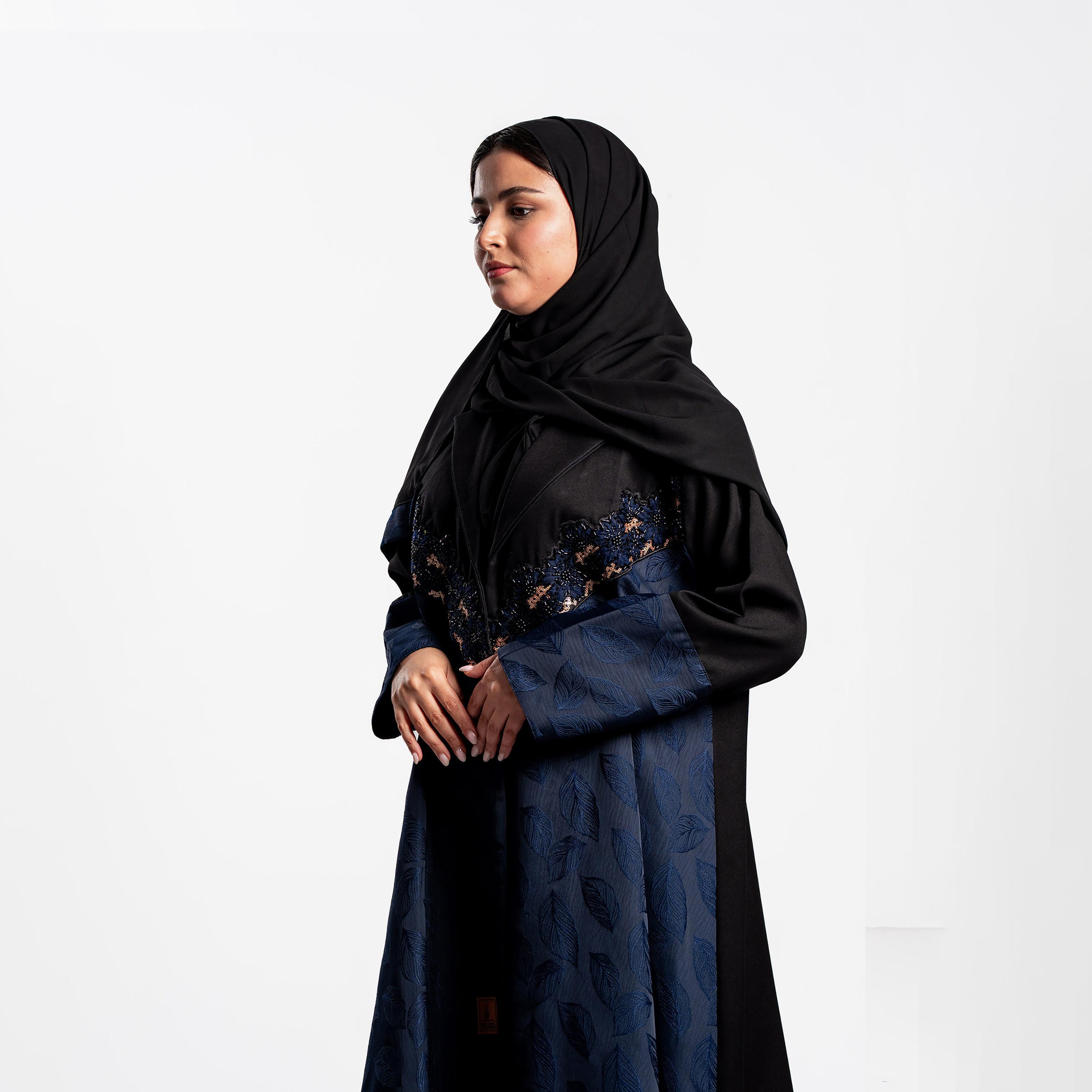Zahiyh Dual Panel Jacquard Leaf Women's Flared Abaya with Hijab-women-arabicclothing-abayas-image-3