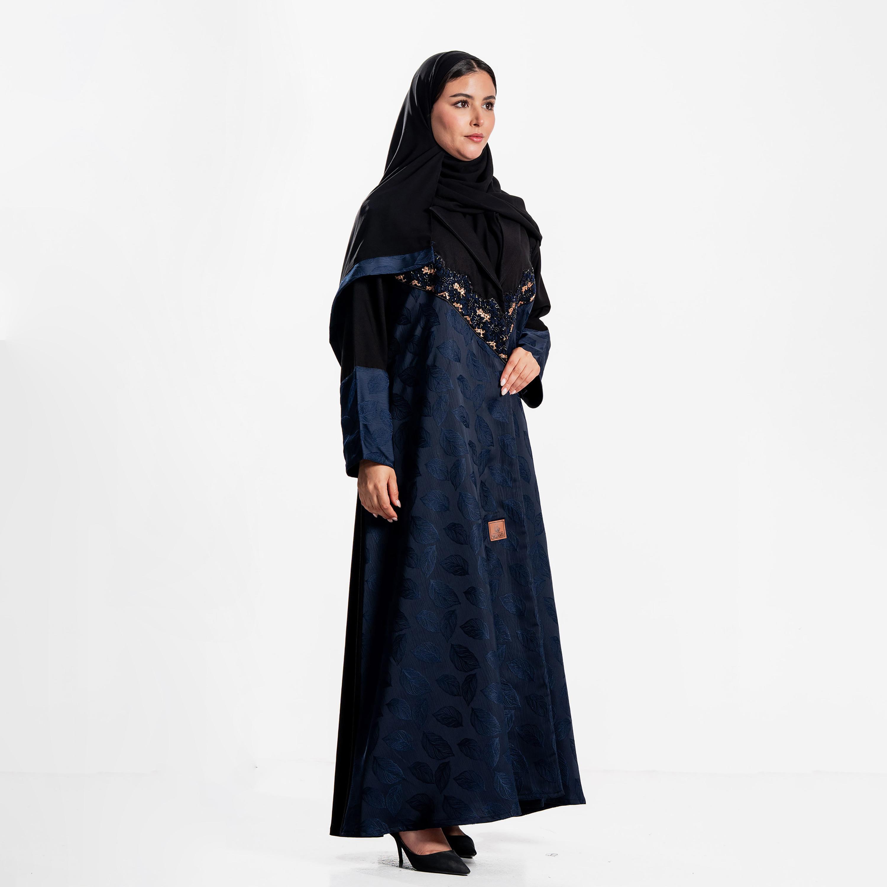 Zahiyh Dual Panel Jacquard Leaf Women's Flared Abaya with Hijab-women-arabicclothing-abayas-image-4
