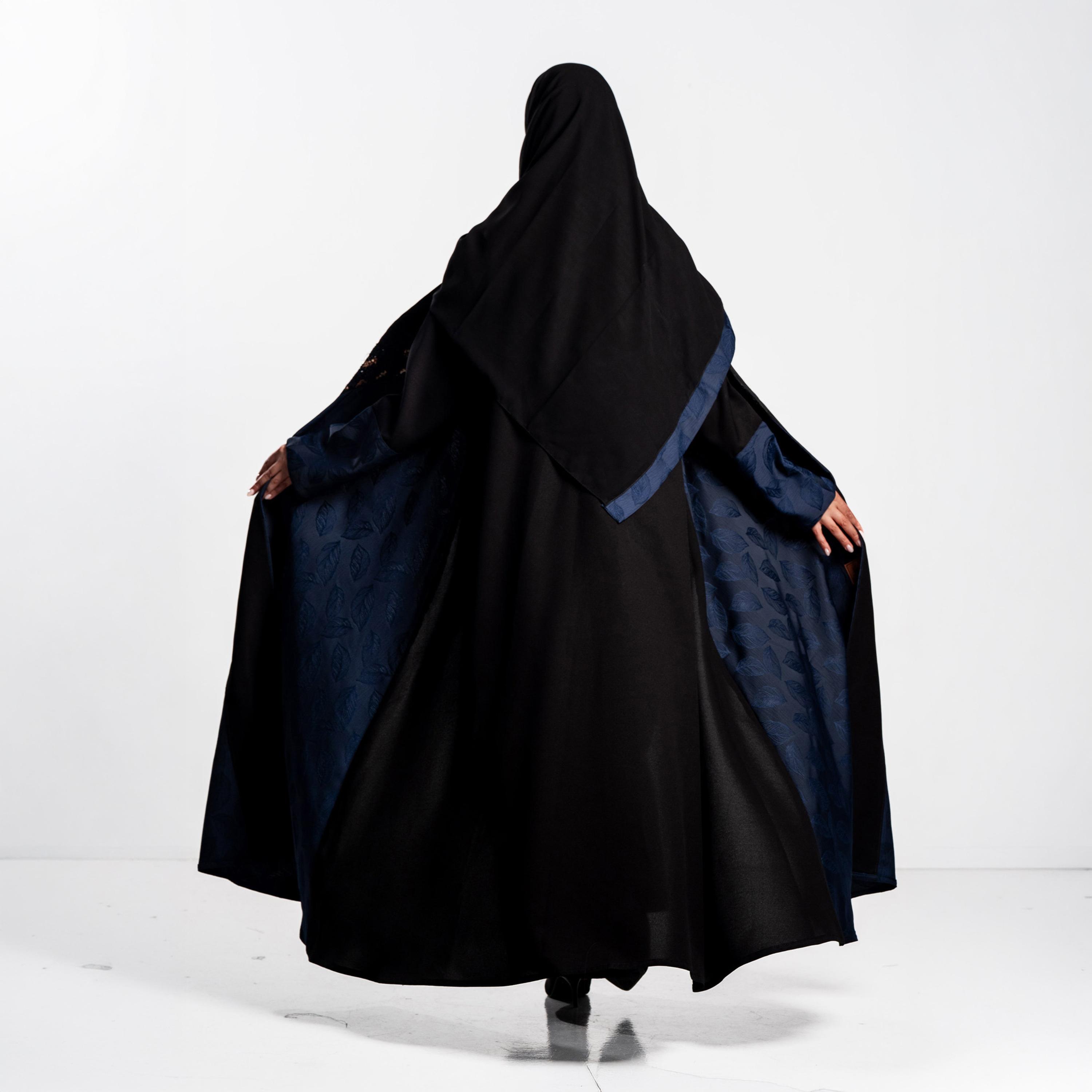 Zahiyh Dual Panel Jacquard Leaf Women's Flared Abaya with Hijab-women-arabicclothing-abayas-image-6