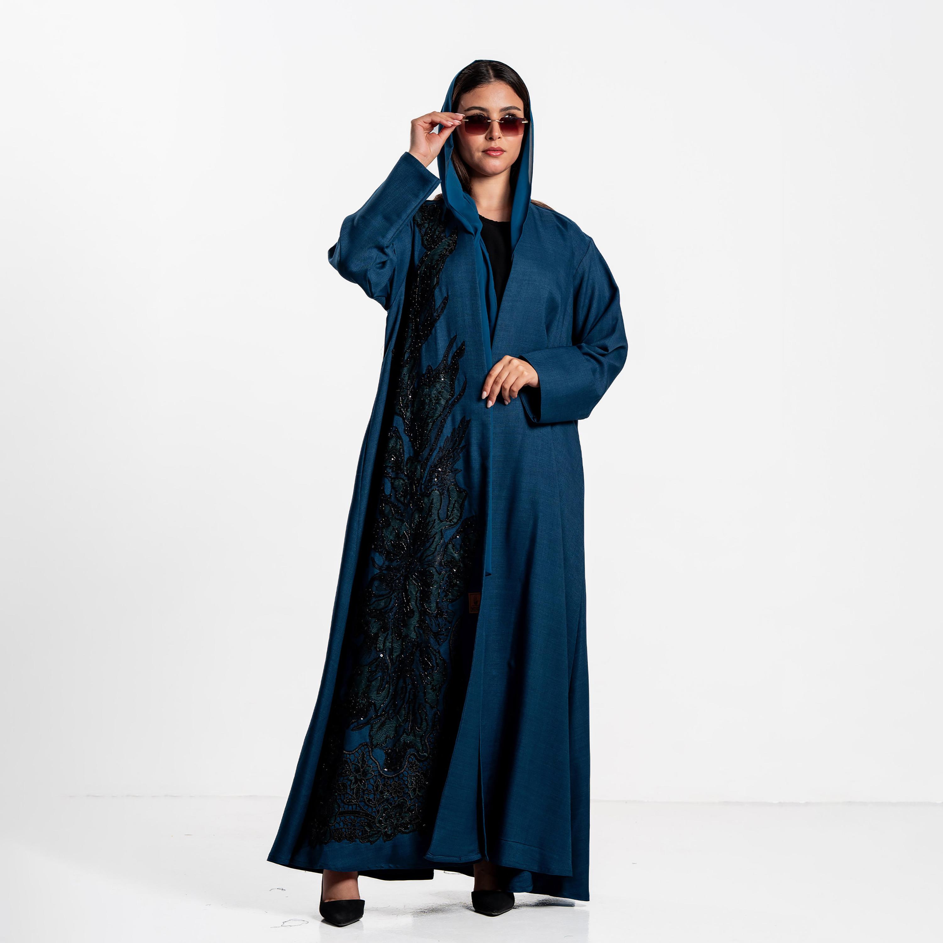 Zahiyh Beaded Lace Panel Women's Evening Flared Abaya with Hijab-women-arabicclothing-abayas-image-1