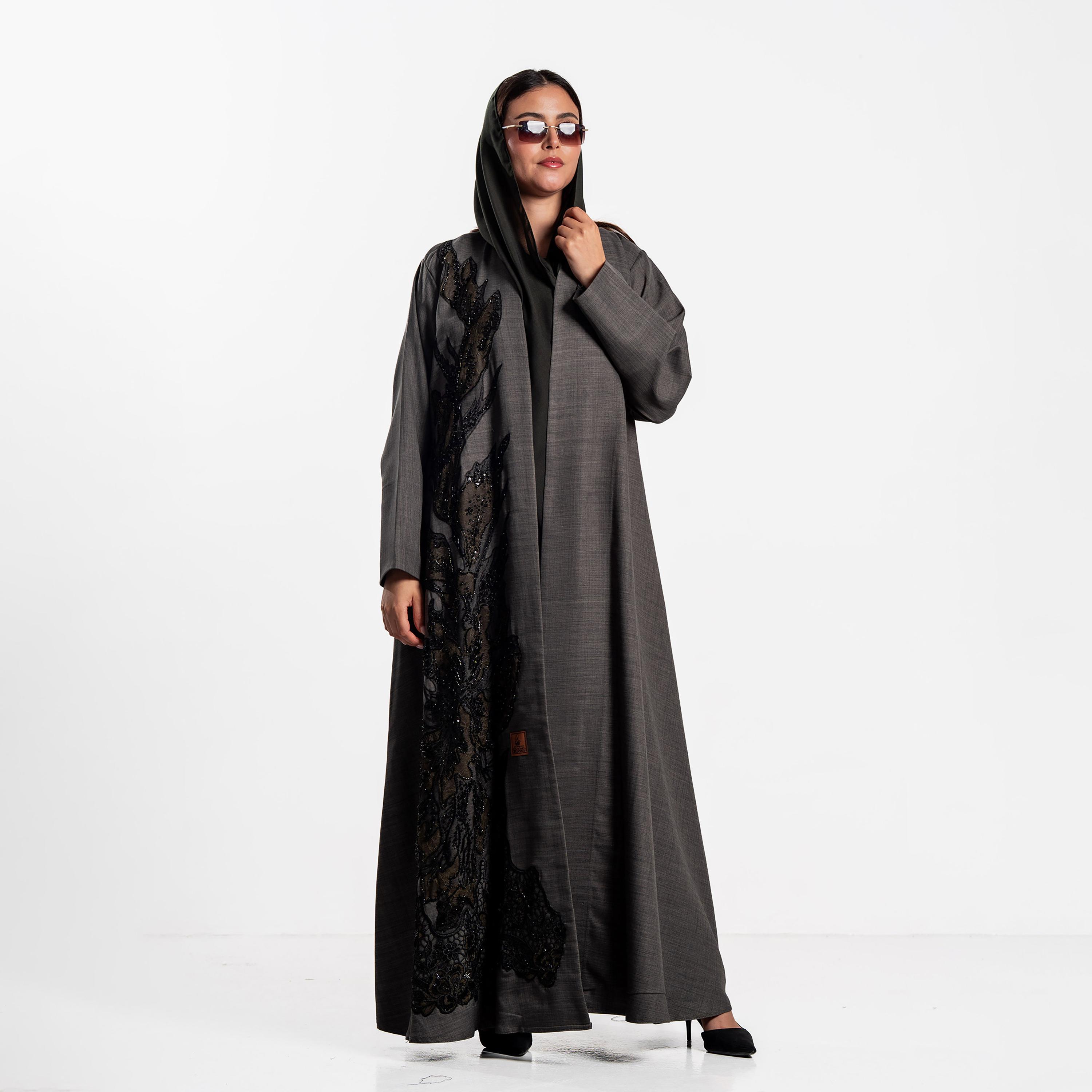 Zahiyh Beaded Lace Panel Women's Evening Flared Abaya with Hijab-women-arabicclothing-abayas-image-1