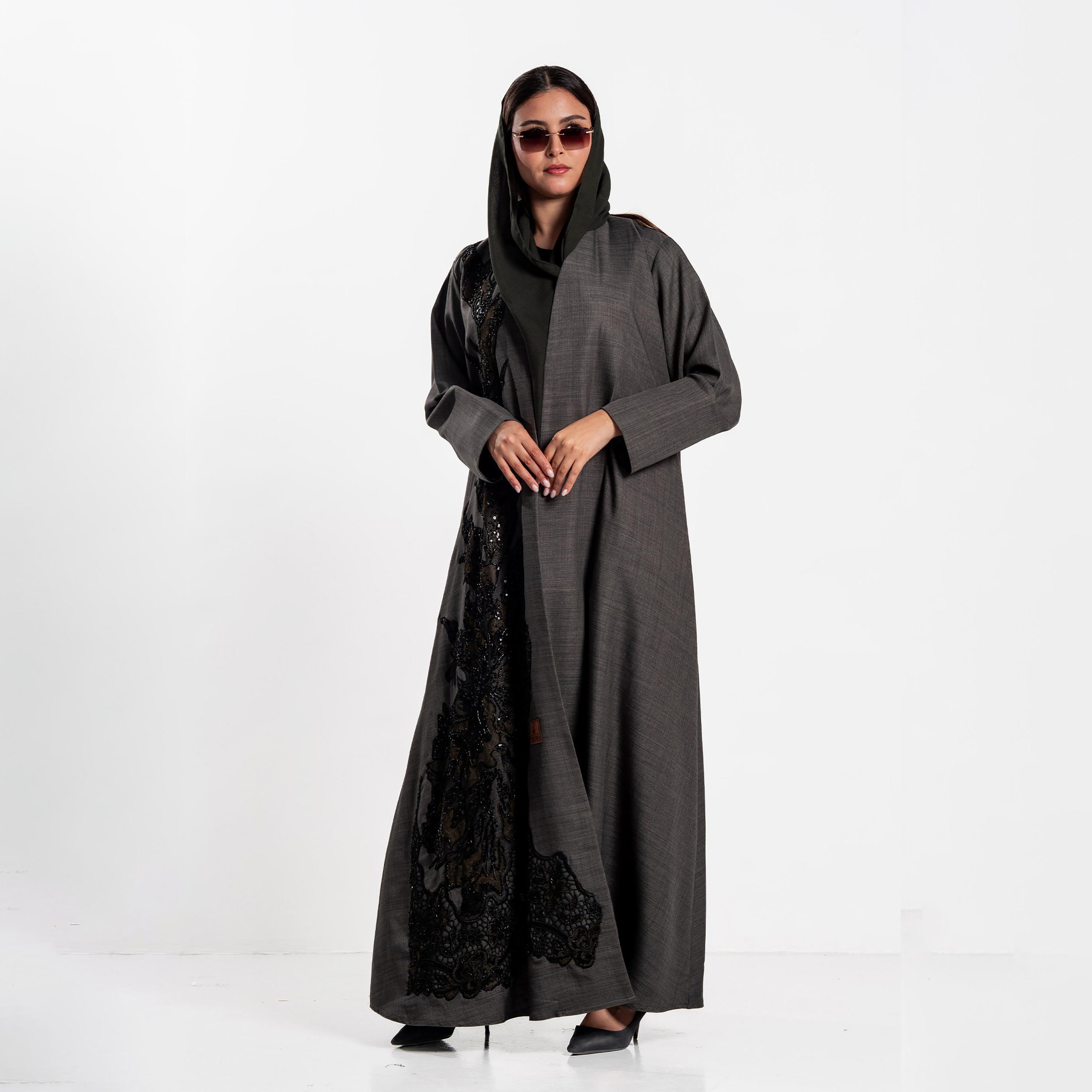 Zahiyh Beaded Lace Panel Women's Evening Flared Abaya with Hijab-women-arabicclothing-abayas-image-2
