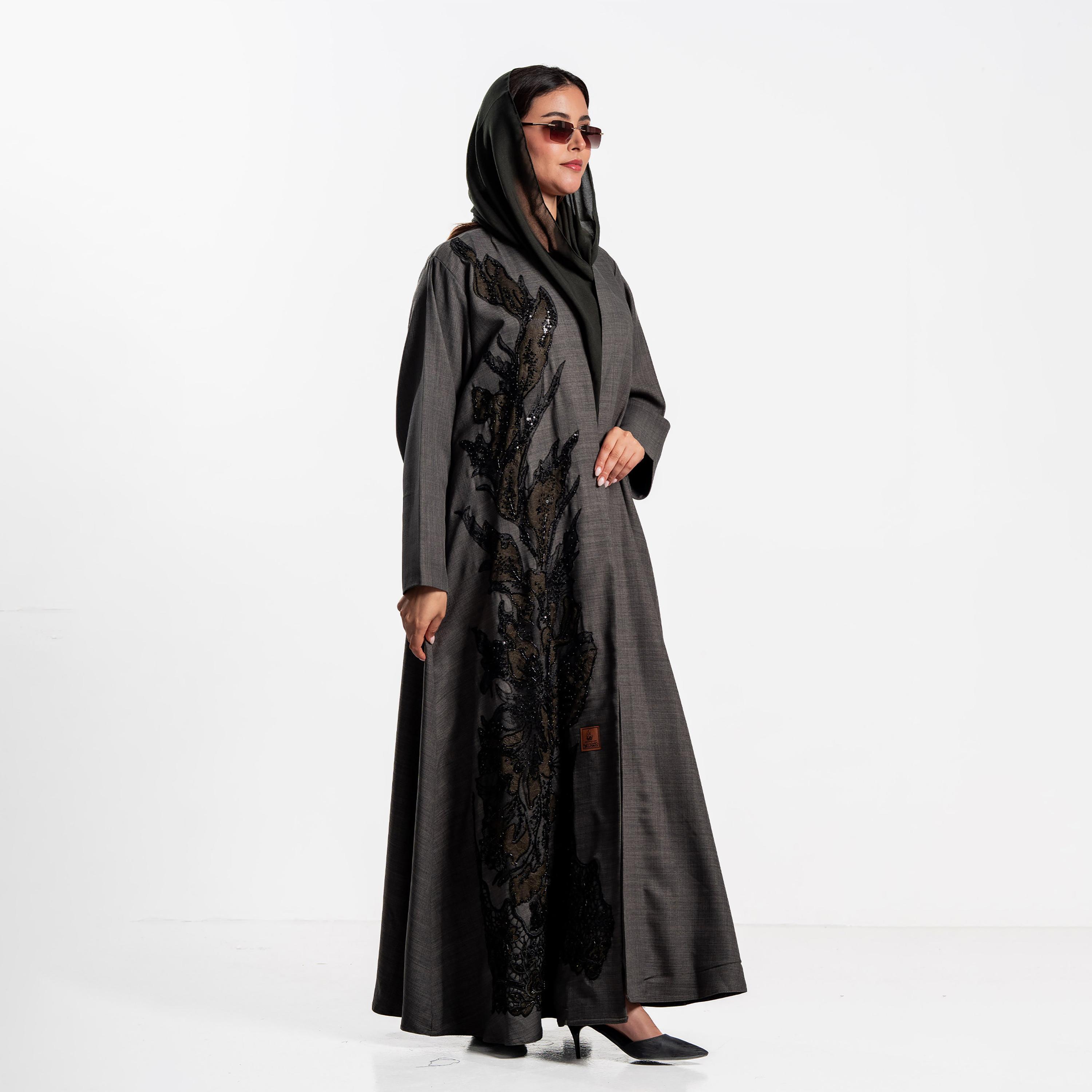 Zahiyh Beaded Lace Panel Women's Evening Flared Abaya with Hijab-women-arabicclothing-abayas-image-3