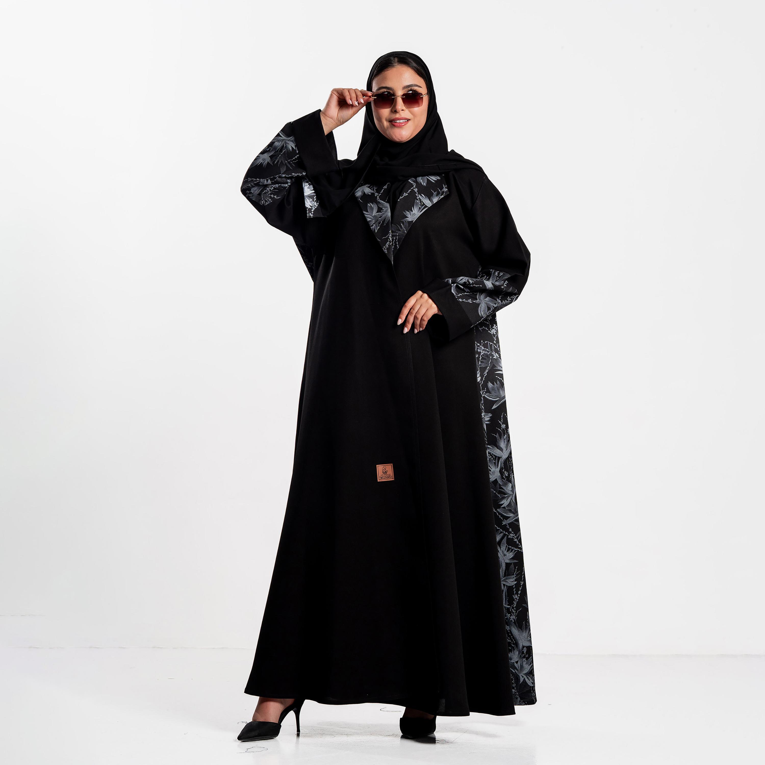 Zahiyh Black Botanical Print Women's Flared Abaya with Hijab-women-arabicclothing-abayas-image-1