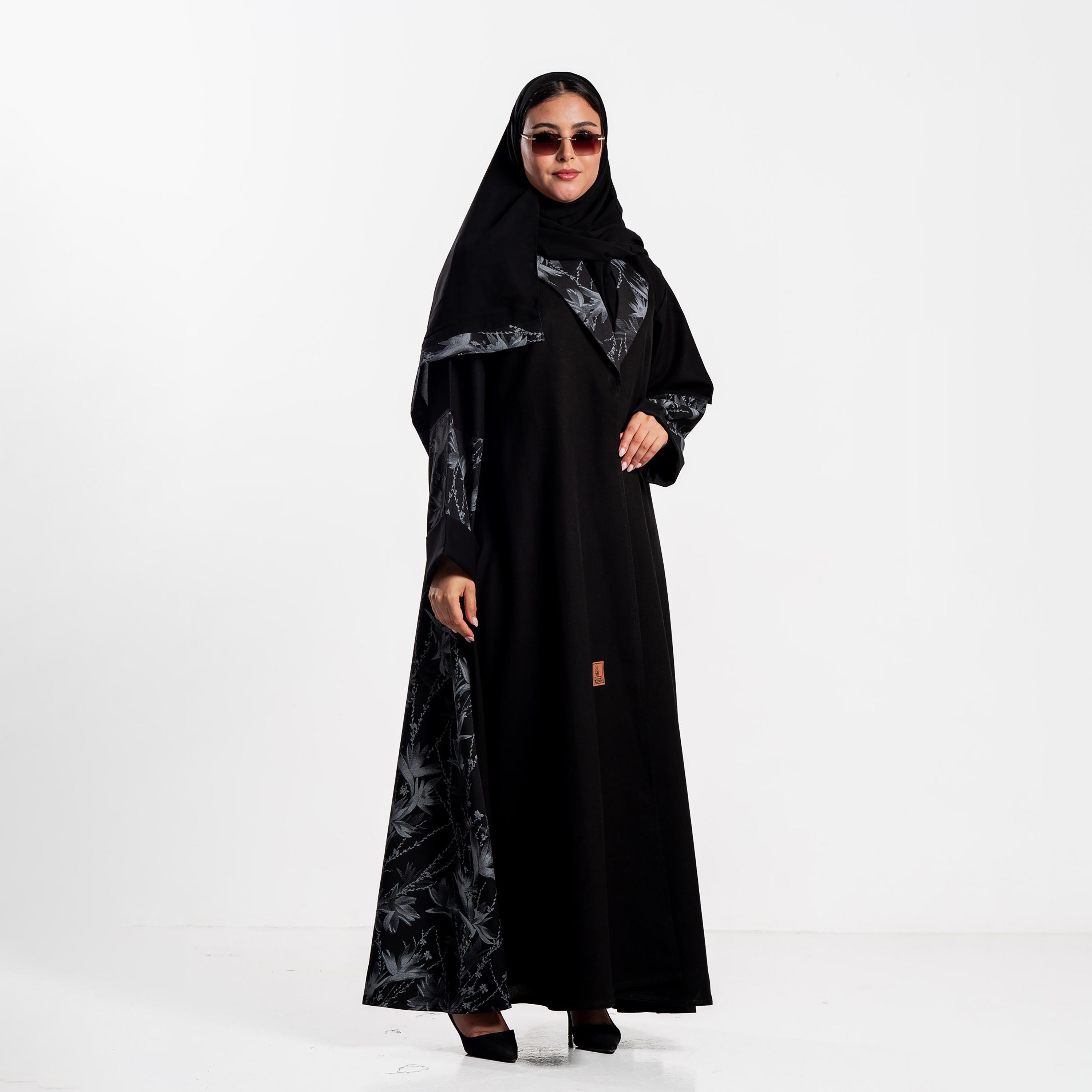 Zahiyh Black Botanical Print Women's Flared Abaya with Hijab-women-arabicclothing-abayas-image-2