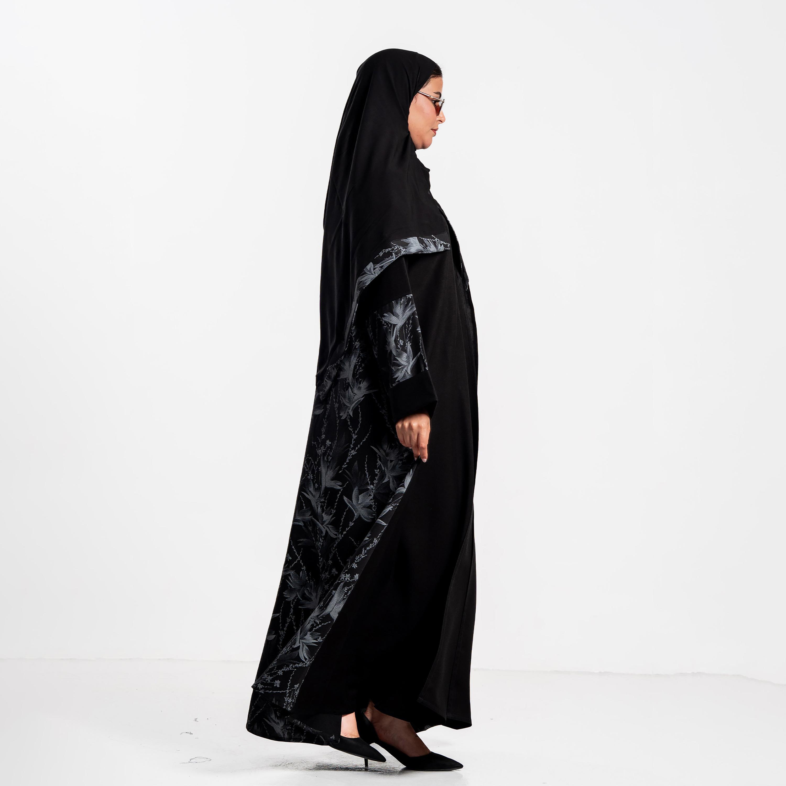 Zahiyh Black Botanical Print Women's Flared Abaya with Hijab-women-arabicclothing-abayas-image-3