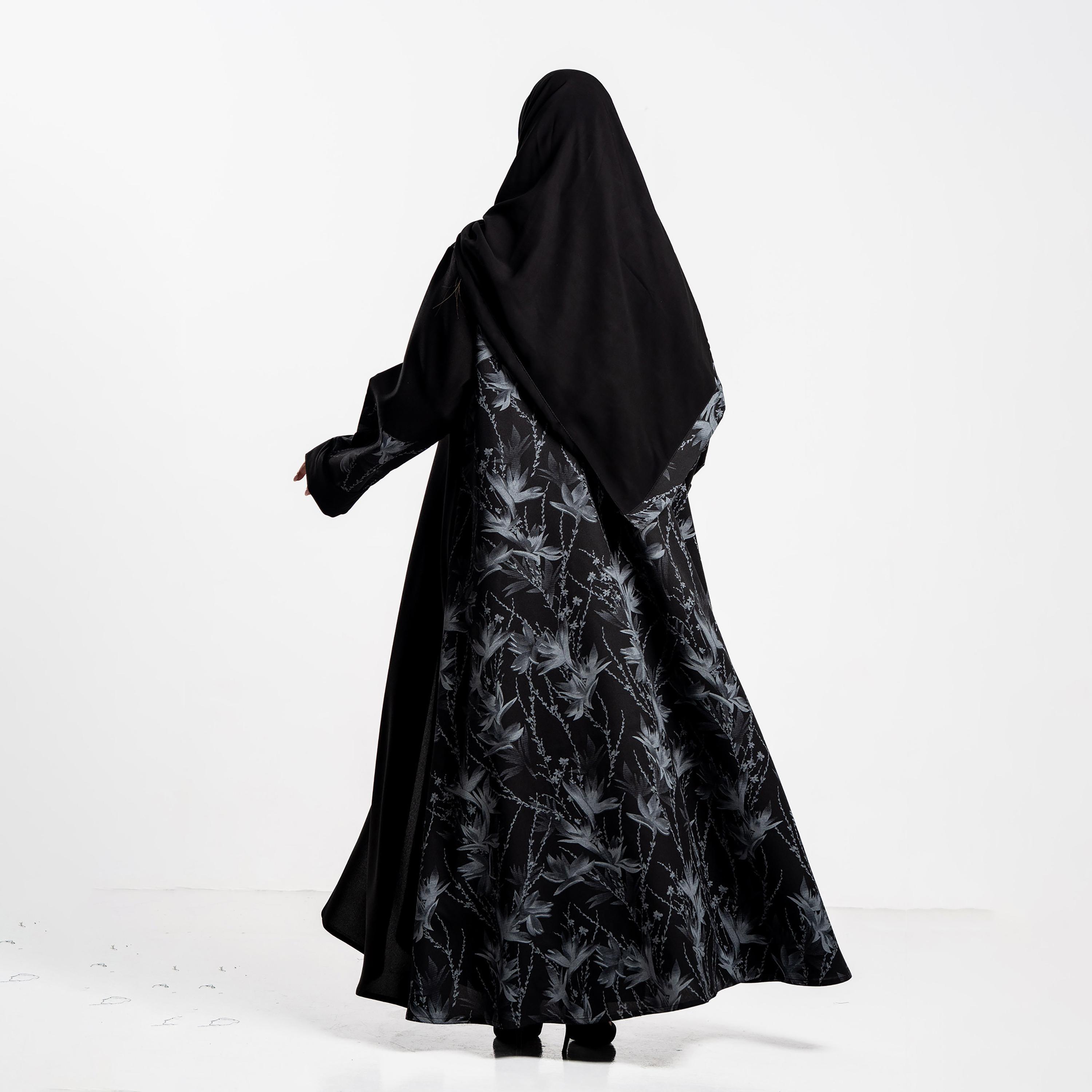 Zahiyh Black Botanical Print Women's Flared Abaya with Hijab-women-arabicclothing-abayas-image-4