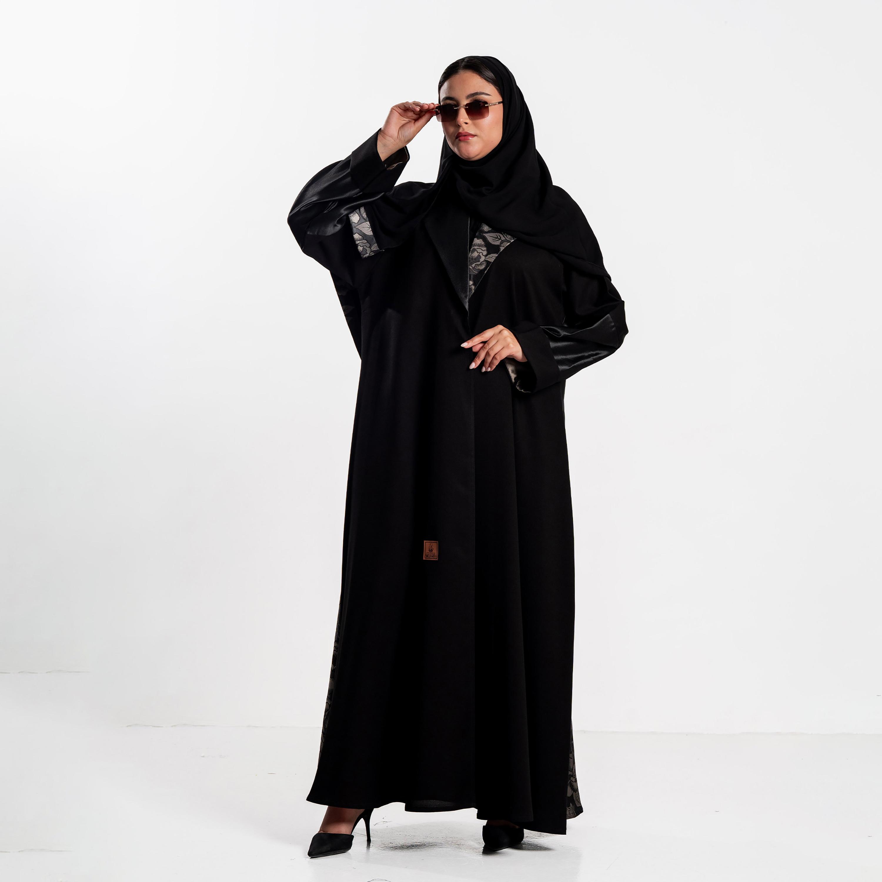 Zahiyh Black Rose Print Women's Flared Abaya with Hijab-women-arabicclothing-abayas-image-1