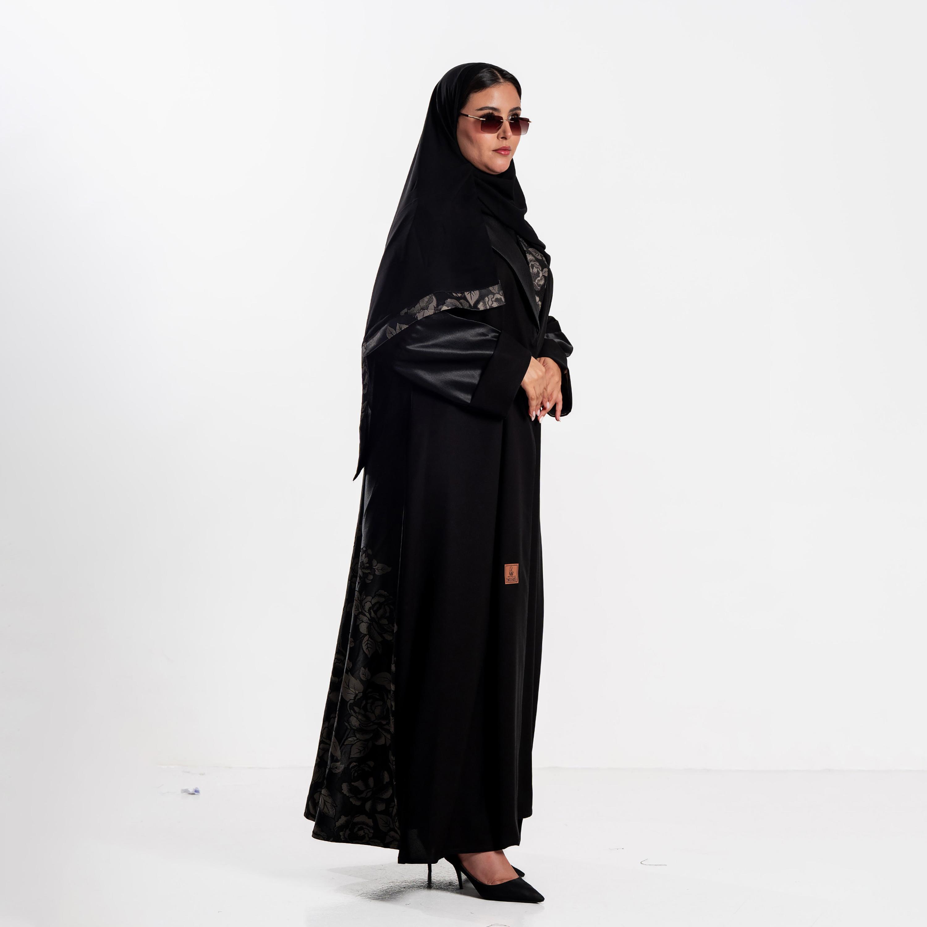 Zahiyh Black Rose Print Women's Flared Abaya with Hijab-women-arabicclothing-abayas-image-2