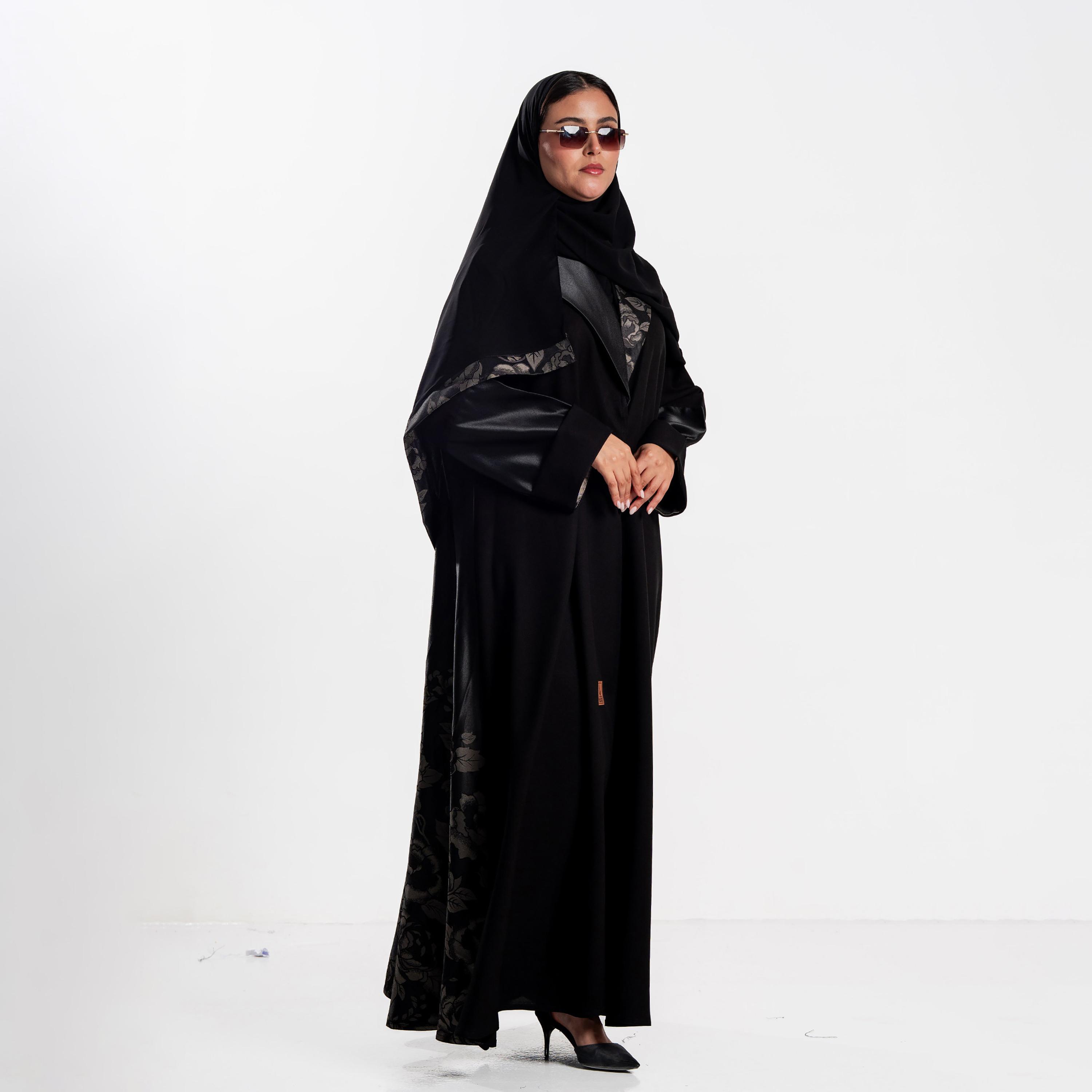 Zahiyh Black Rose Print Women's Flared Abaya with Hijab-women-arabicclothing-abayas-image-3