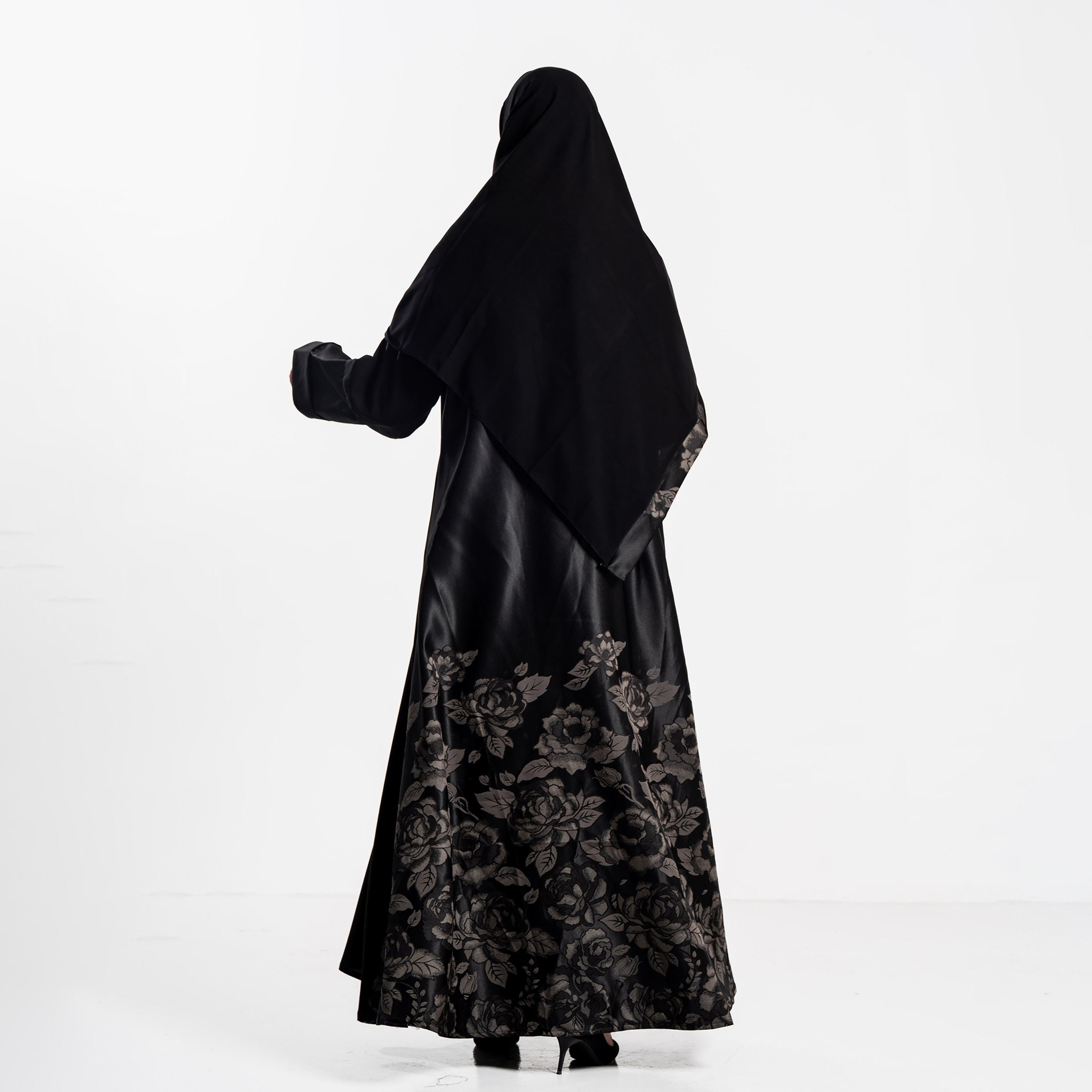 Zahiyh Black Rose Print Women's Flared Abaya with Hijab-women-arabicclothing-abayas-image-4