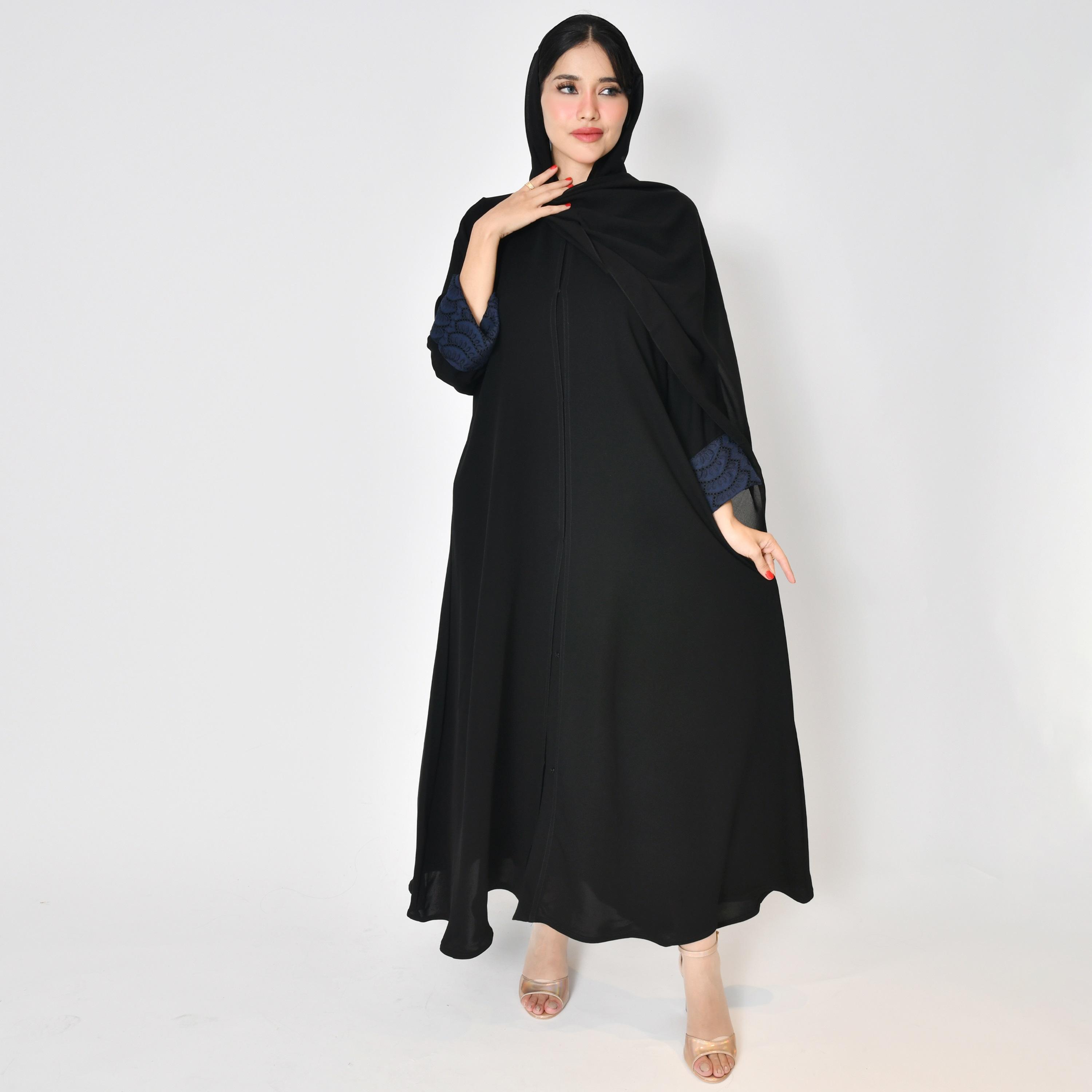 Hawraa Black Embroidered Double Cuff Sleeves Lace Women's Abaya with Hijab-women-arabicclothing-abayas-image-1