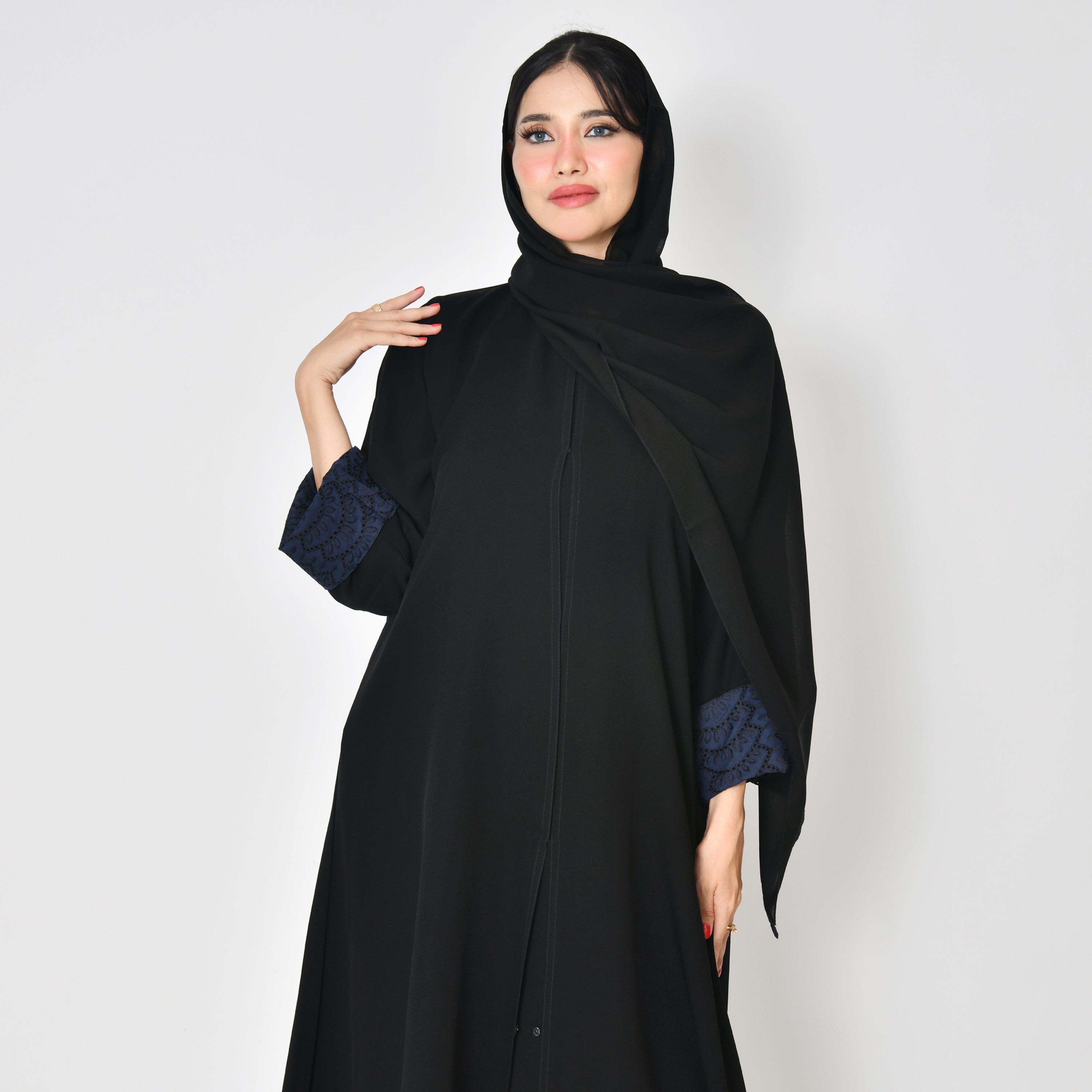 Hawraa Black Embroidered Double Cuff Sleeves Lace Women's Abaya with Hijab-women-arabicclothing-abayas-image-2