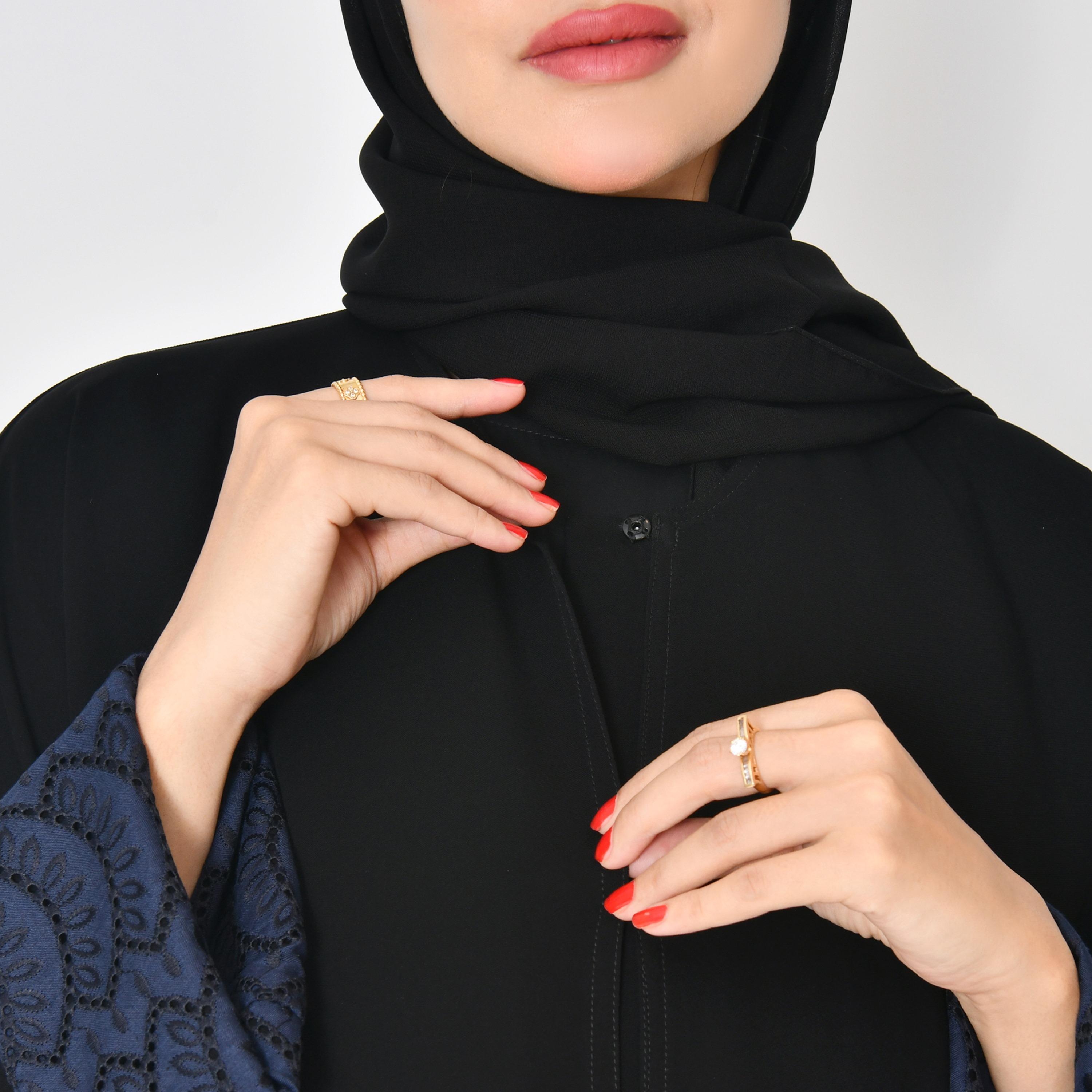 Hawraa Black Embroidered Double Cuff Sleeves Lace Women's Abaya with Hijab-women-arabicclothing-abayas-image-3
