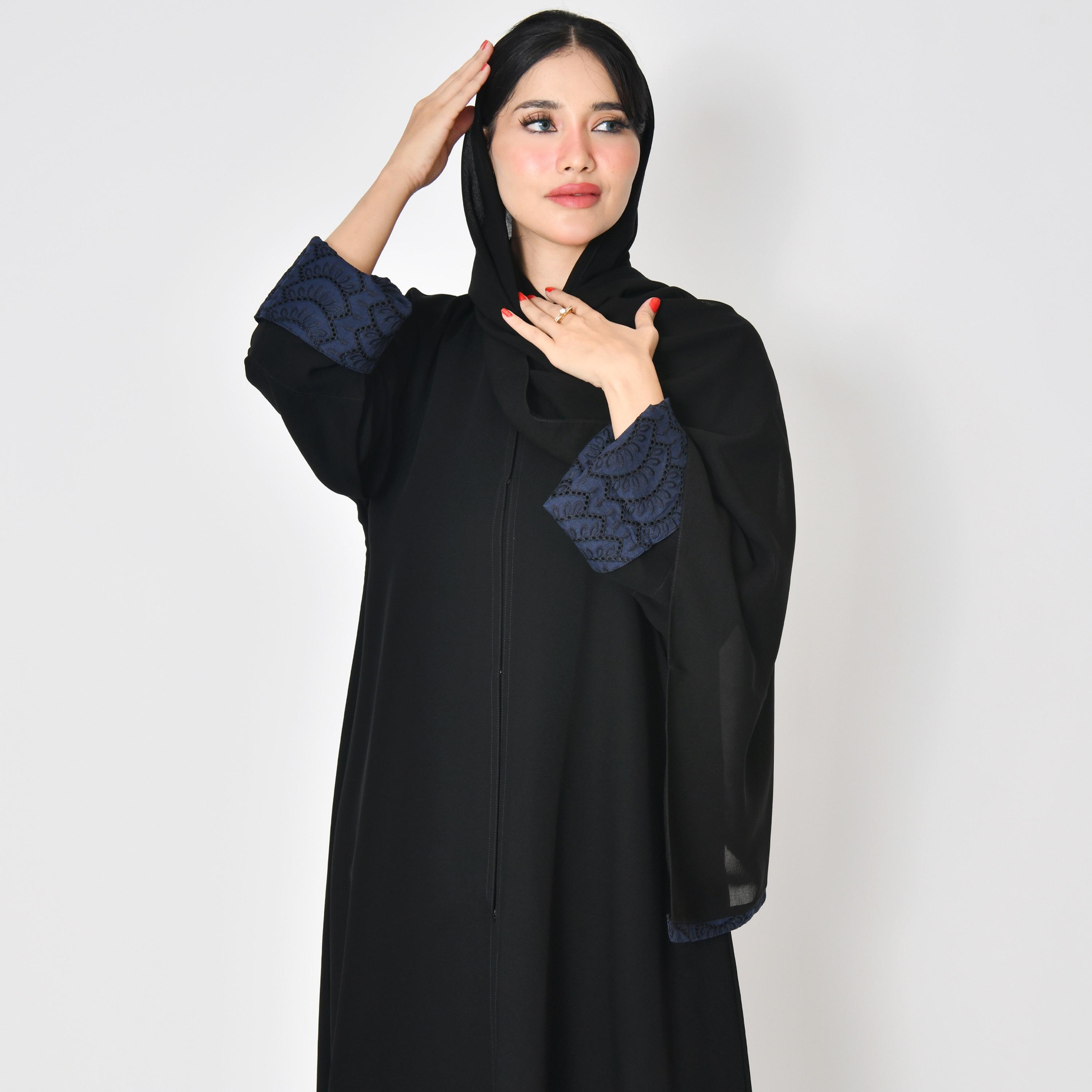 Hawraa Black Embroidered Double Cuff Sleeves Lace Women's Abaya with Hijab-women-arabicclothing-abayas-image-4