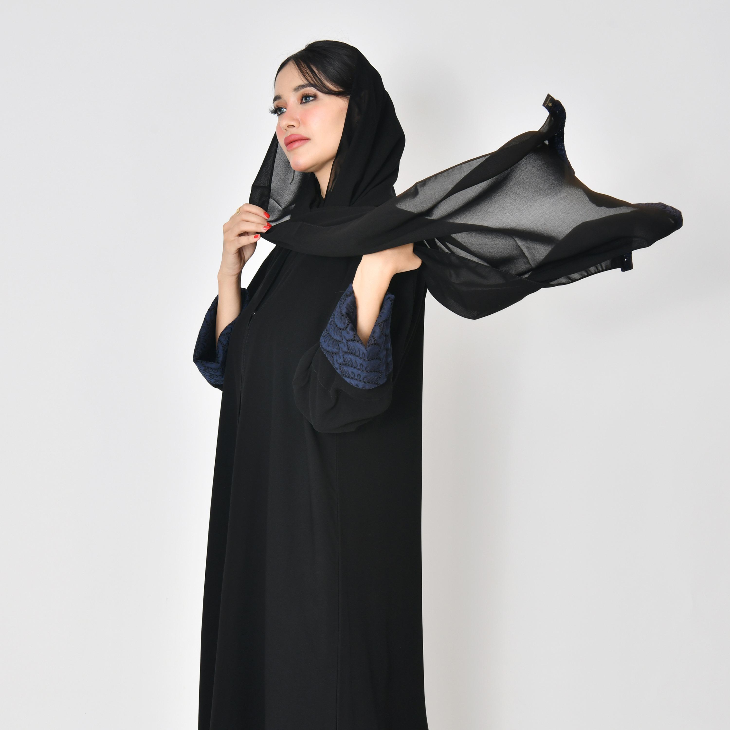 Hawraa Black Embroidered Double Cuff Sleeves Lace Women's Abaya with Hijab-women-arabicclothing-abayas-image-5