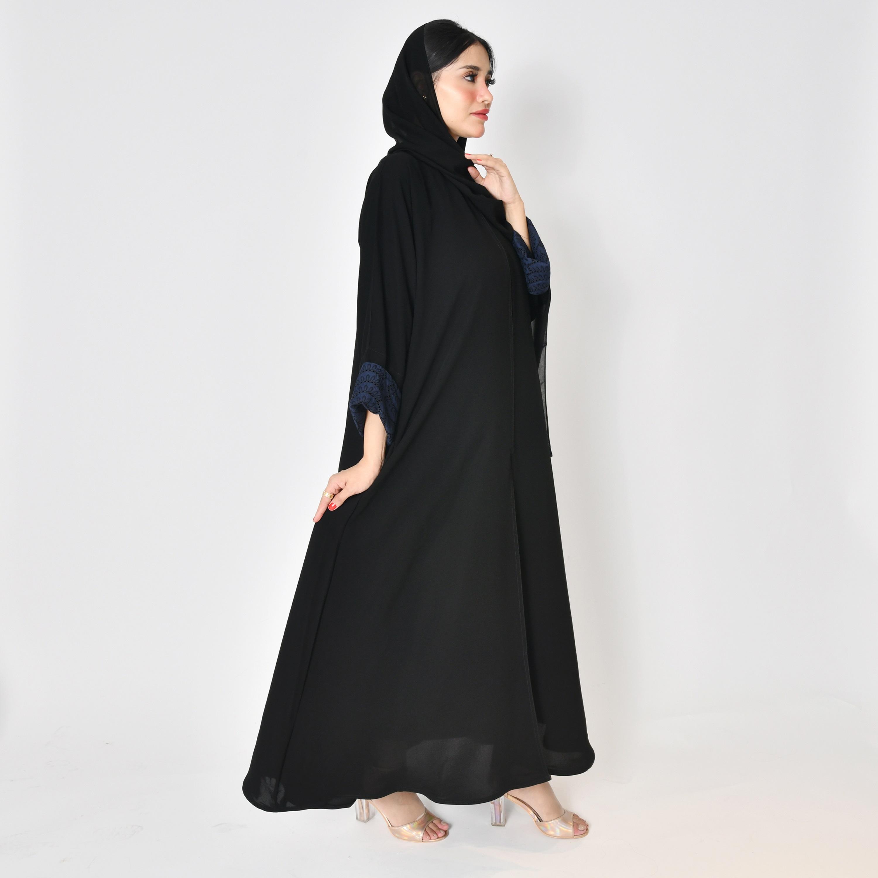 Hawraa Black Embroidered Double Cuff Sleeves Lace Women's Abaya with Hijab-women-arabicclothing-abayas-image-6