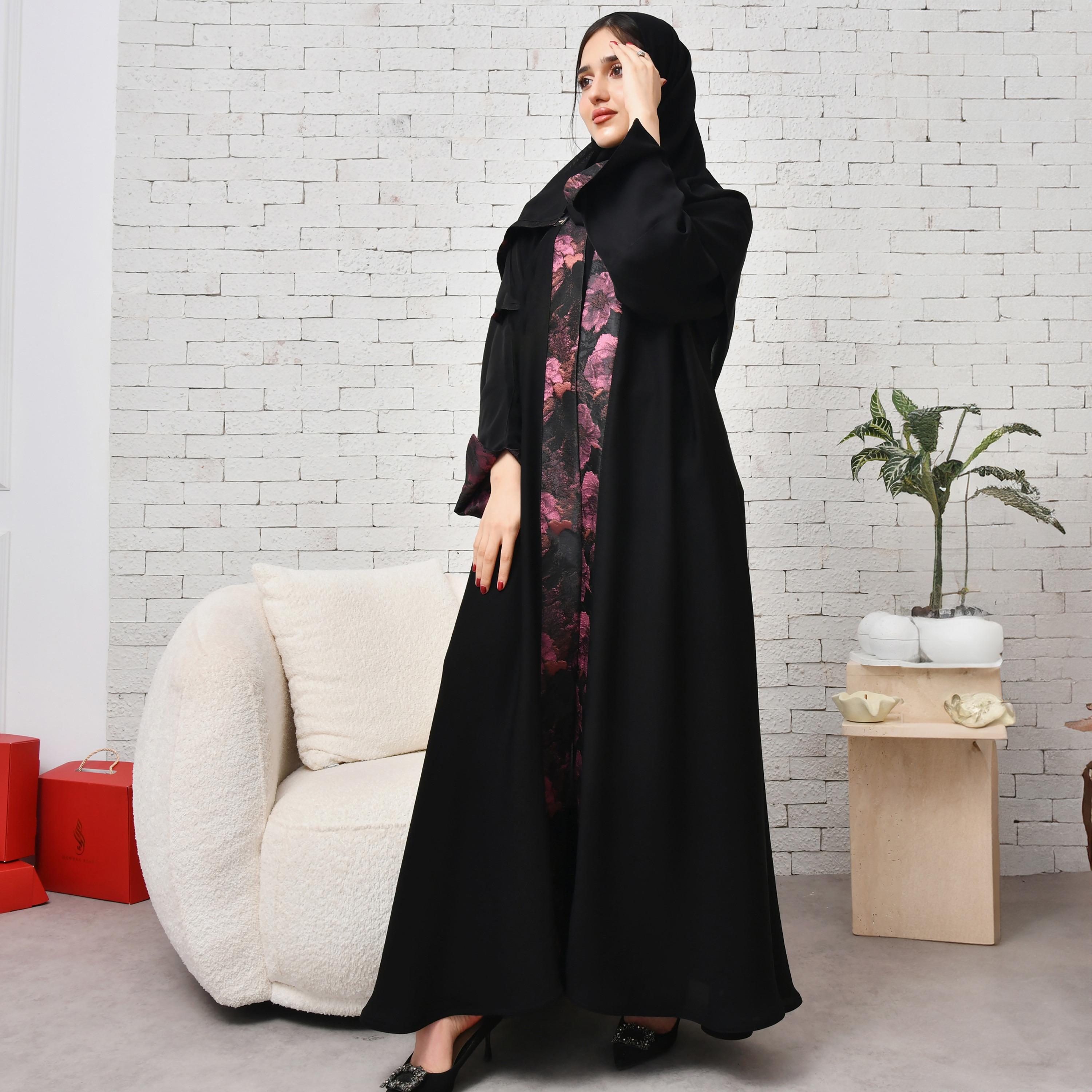Hawraa Black Floral Jacquard Open-Front Folded Cuff Sleeves Women's Abaya with Hijab-women-arabicclothing-abayas-image-1